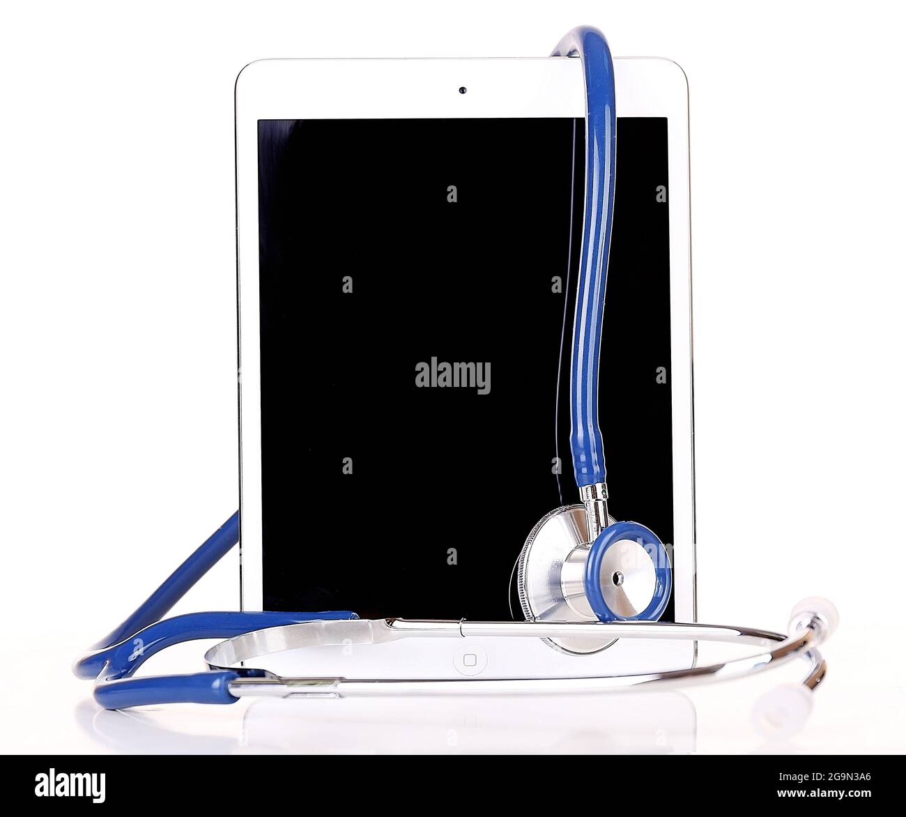 Tablet and blue stethoscope isolated on white Stock Photo - Alamy