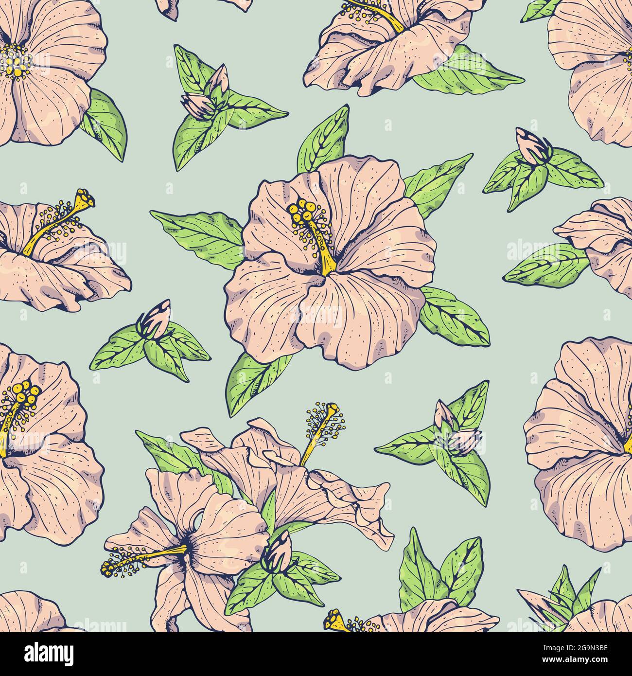 Vintage seamless pattern with line art pink hibiscus flowers, buds and ...