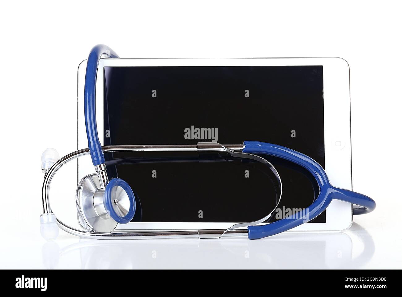 Tablet and blue stethoscope isolated on white Stock Photo - Alamy