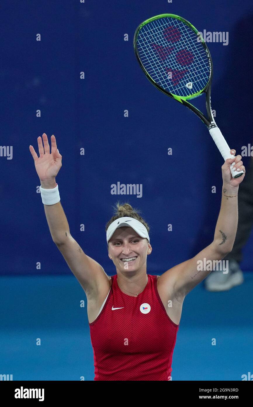 Czech tennis player Marketa Vondrousova celebrates her victory against  Naomi Osaka (Japan) during the 3rd round of women's tennis tournament  within th Stock Photo - Alamy