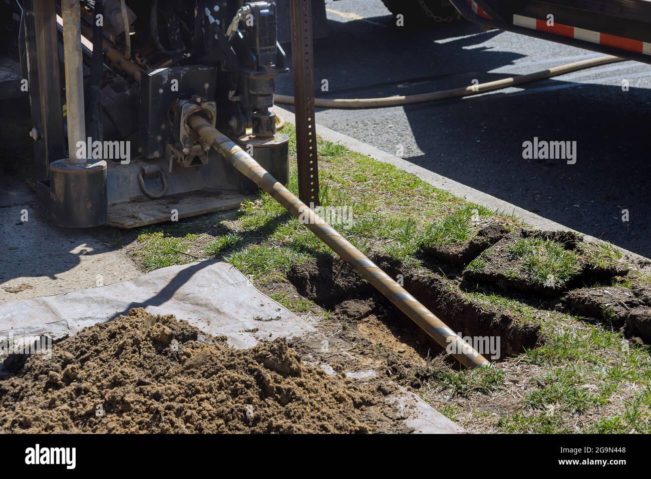 Low angle view of trenchless laying of communications, pipes and water