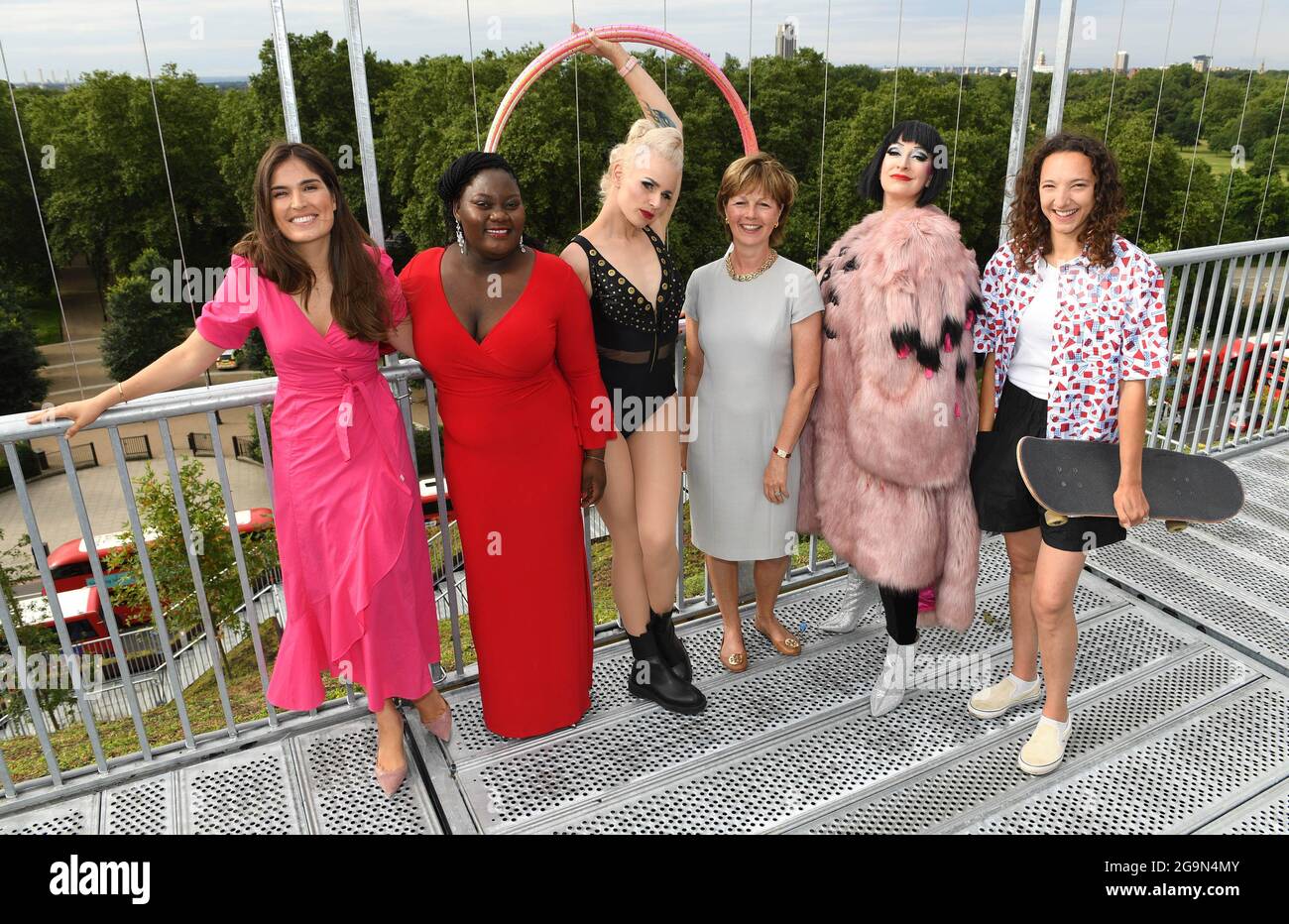 EDITORIAL USE ONLY Rachael Robathan, Leader of Westminster City Council (centre) with (left to right) Marine Tanguy, Cecilia Rangwanasha, Lisa Lottie, Bernie Dieter and Helena Long attend the launch of Westminster Reveals, Westminster City Council’s new campaign to encourage visitors to return to the city’s streets and reinvigorate London’s famed cultural scene, at London’s latest landmark the Marble Arch Mound. Picture date: Tuesday July 27, 2021. Stock Photo