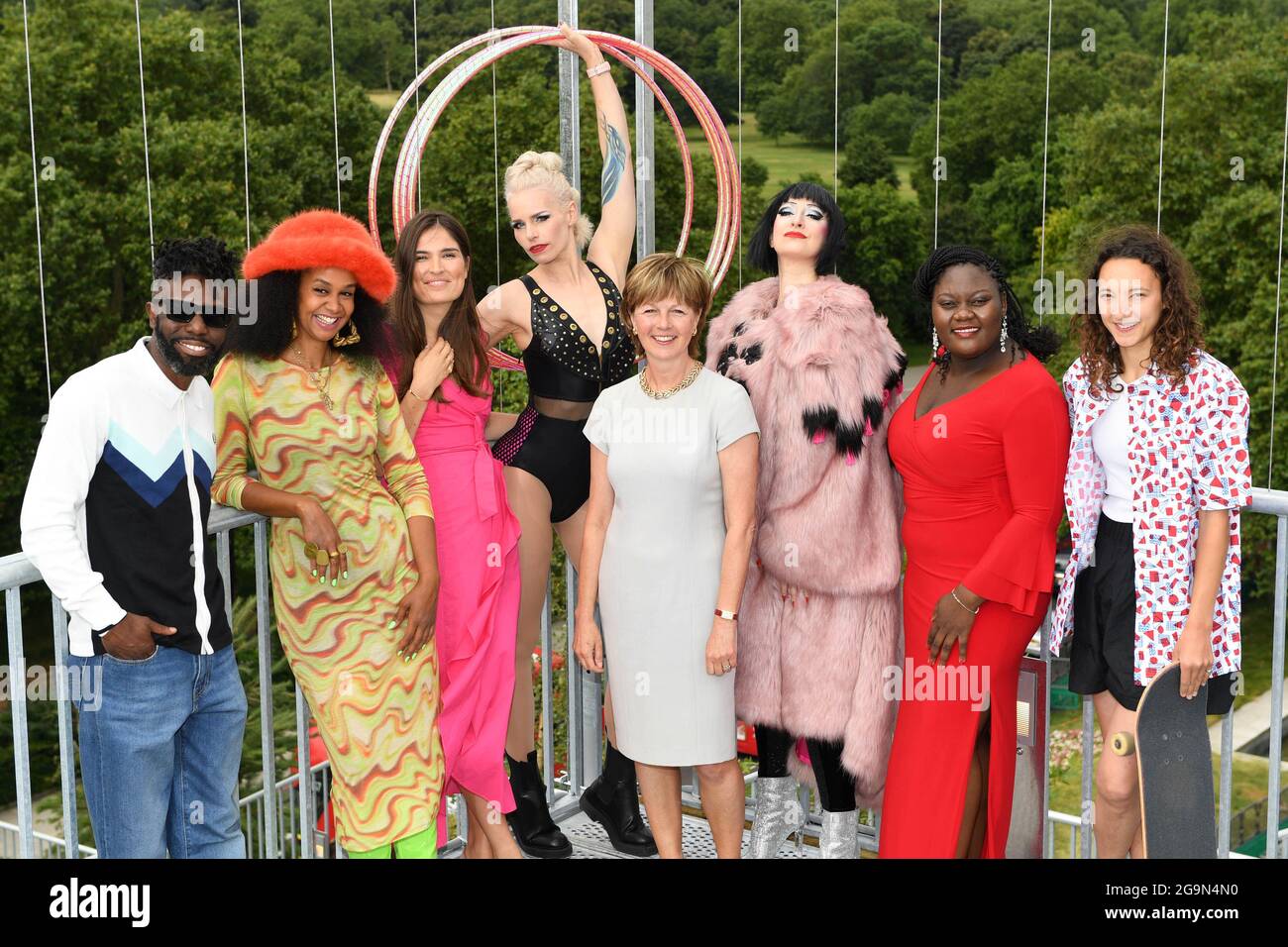 EDITORIAL USE ONLY Rachael Robathan, Leader of Westminster City Council (centre) with (left to right) Joel Culpepper, Lakwena Maciver, Marine Tanguy, Lisa Lottie, Bernie Dieter, Cecilia Rangwanasha and Helena Long attend the launch of Westminster Reveals, Westminster City Council’s new campaign to encourage visitors to return to the city’s streets and reinvigorate London’s famed cultural scene, at London’s latest landmark the Marble Arch Mound. Picture date: Tuesday July 27, 2021. Stock Photo