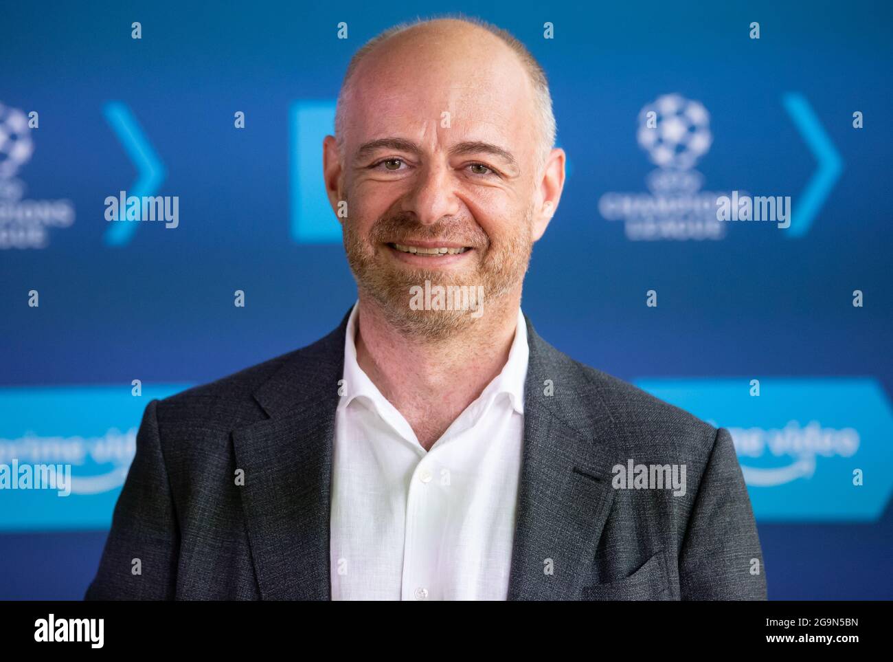 Munich, Germany. 27th July, 2021. Alex Green, Managing Director Sports at  Amazon Prime Video EU, takes part in a press conference of Amazon Prime  Video. Amazon will show Champions League matches from