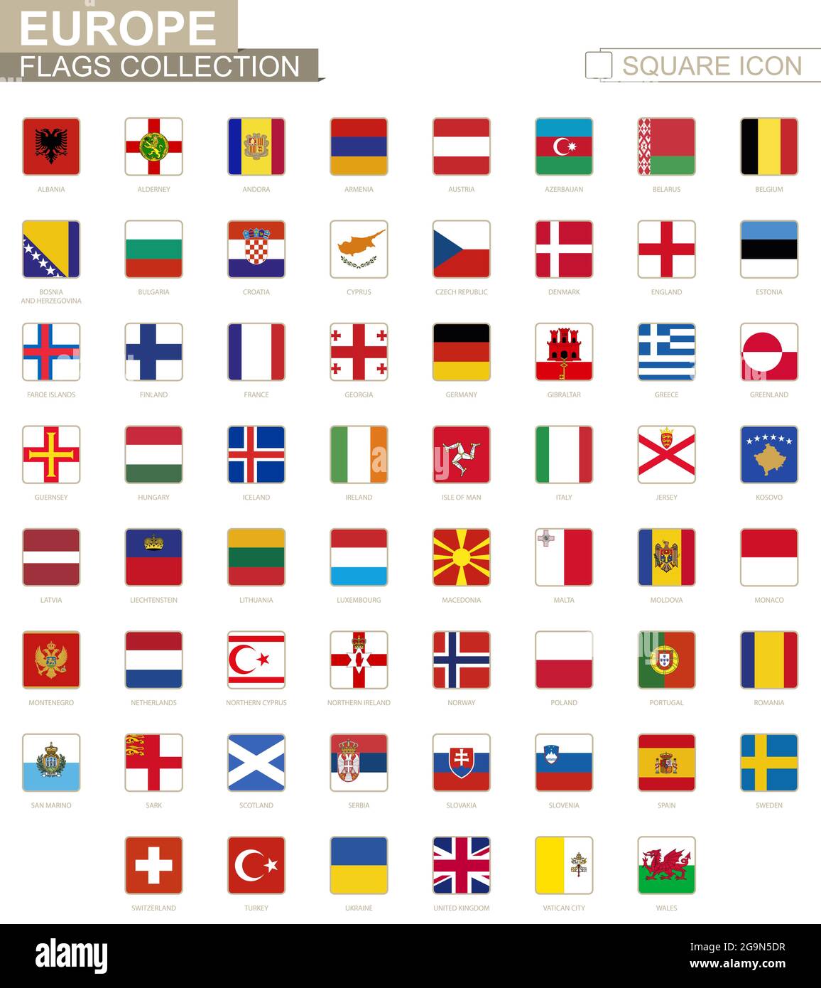 Square flags of Europe. From Albania to Wales. Vector Illustration. Stock Vector
