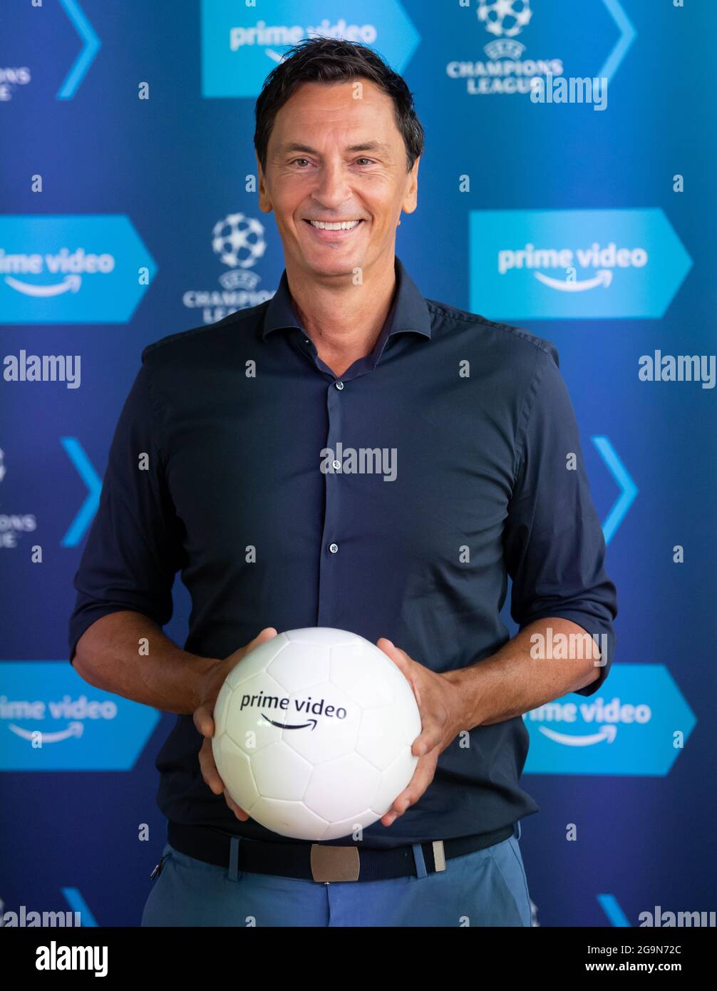 Munich, Germany. 27th July, 2021. Sebastian Hellmann, presenter, takes part  in a press conference of Amazon Prime Video. Amazon will show Champions  League matches from the 2021/22 season. On its paid streaming