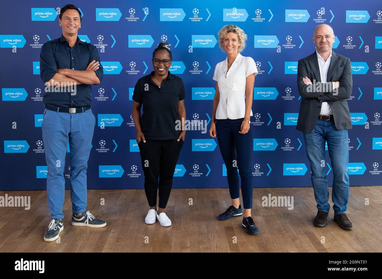 Munich, Germany. 27th July, 2021. Sebastian Hellmann (l-r), presenter,  Shary Reeves, presenter and reporter, Annika Zimmermann, presenter and  reporter, and Alex Green, Managing Director Sports at Amazon Prime Video  EU, take part