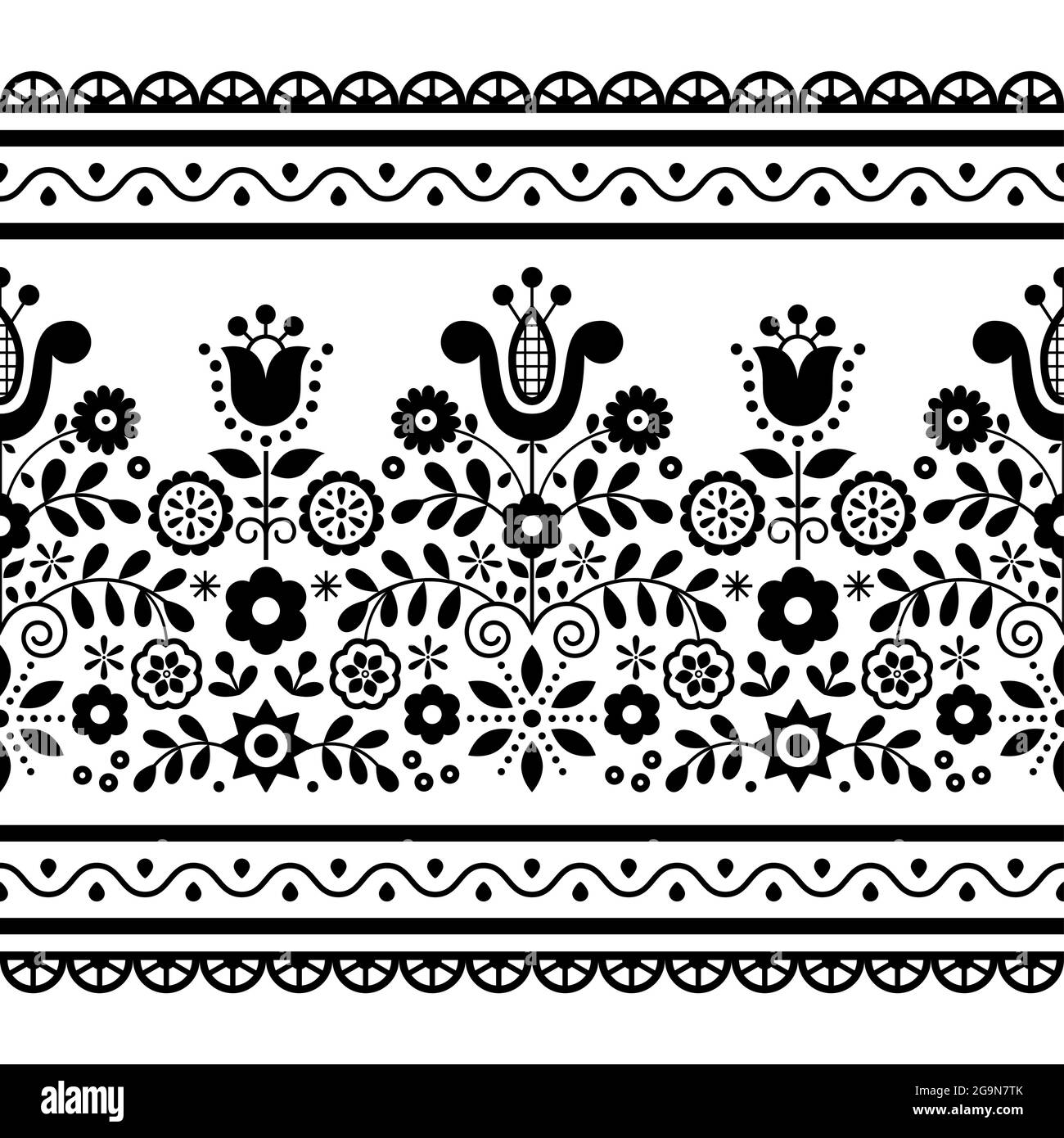 Polish folk art vector seamless black pattern with flowers inspired by traditional highlanders embroidery Lachy Sadeckie - textile or fabric print orn Stock Vector