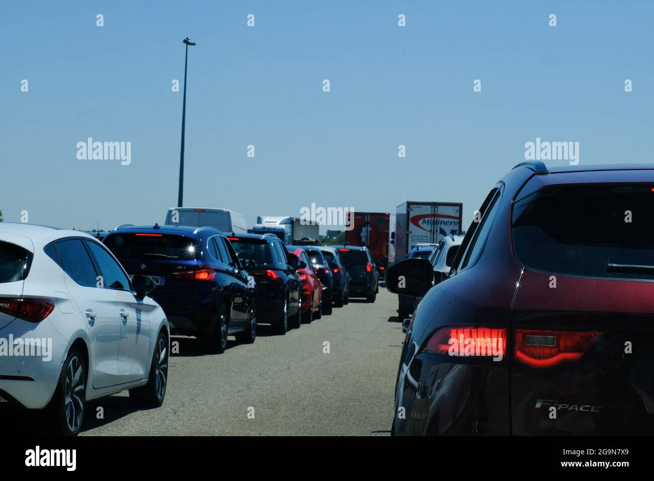 Traffic jam at the toll during the summer season in France in Arles on