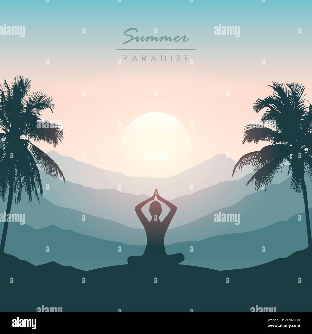 peace of mind meditation concept silhouette with mountain palm background Stock Vector