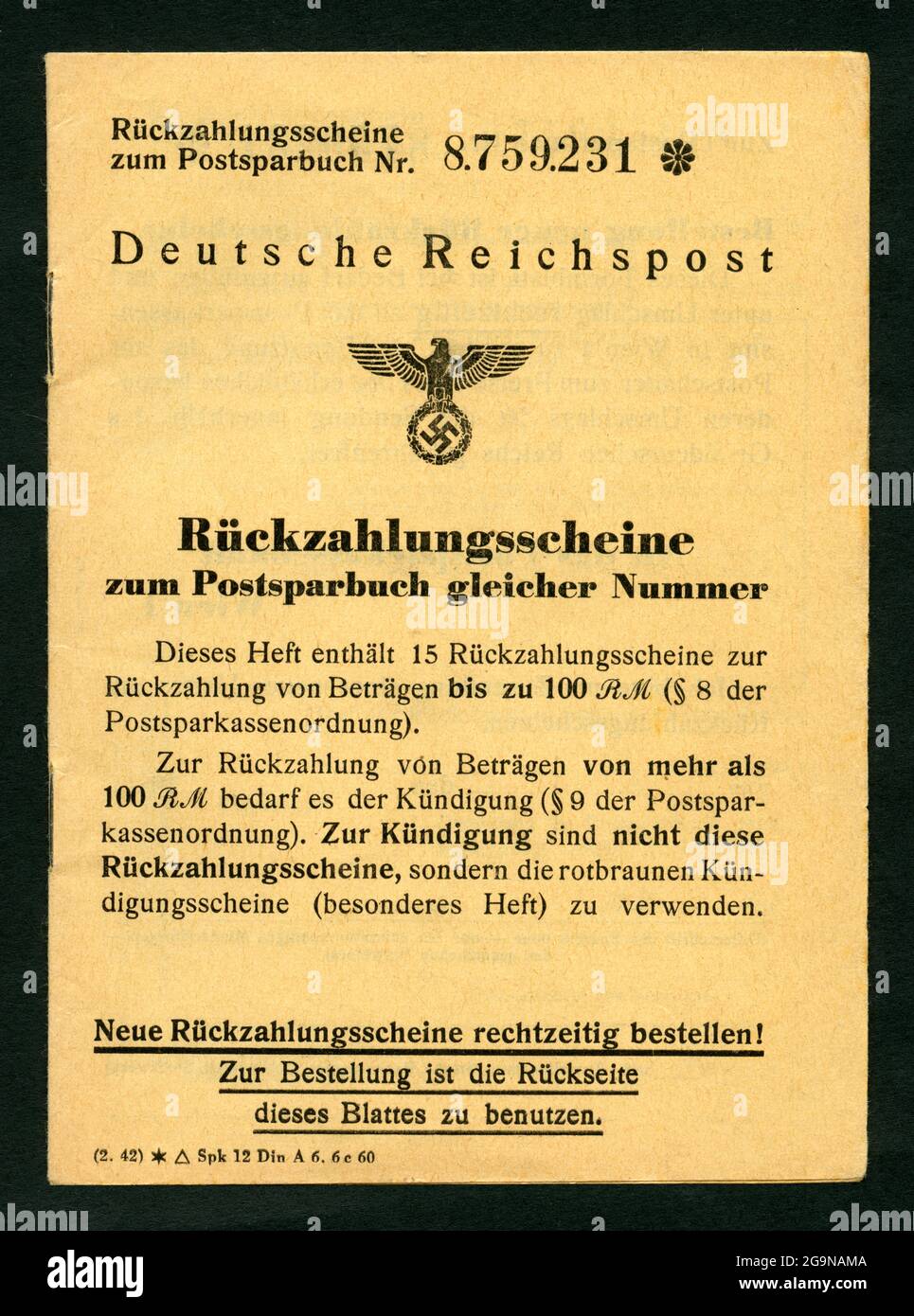 Vienna, German Reichspost, postal savings book, repayment document, probably from 1942 , ADDITIONAL-RIGHTS-CLEARANCE-INFO-NOT-AVAILABLE Stock Photo