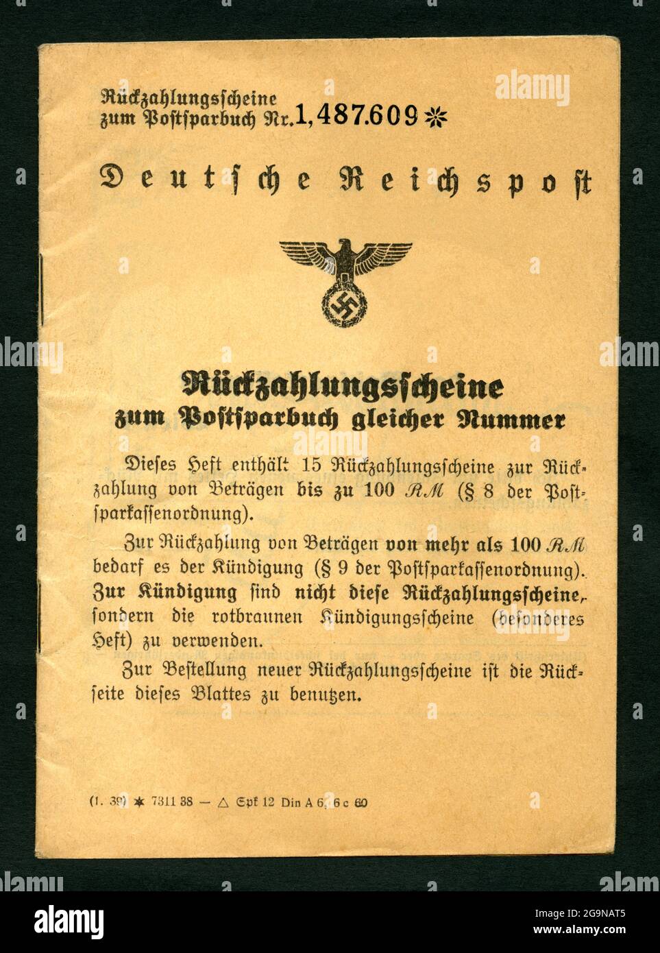 Vienna, German Reichspost, postal savings book, repayment document, probably from 1939 , ADDITIONAL-RIGHTS-CLEARANCE-INFO-NOT-AVAILABLE Stock Photo