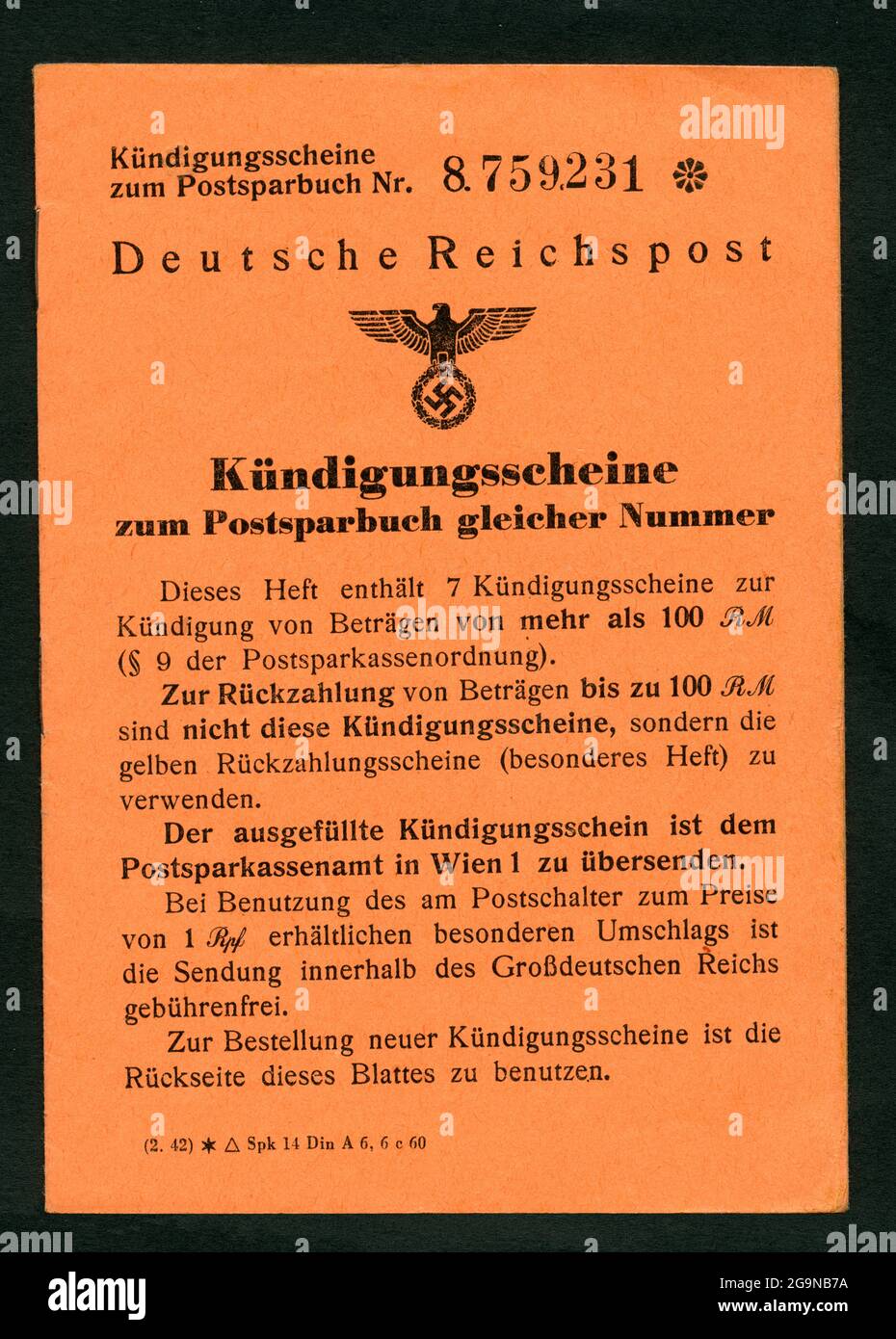 German Reichspost, postal savings book, repayment document, probably from 1942 , ADDITIONAL-RIGHTS-CLEARANCE-INFO-NOT-AVAILABLE Stock Photo