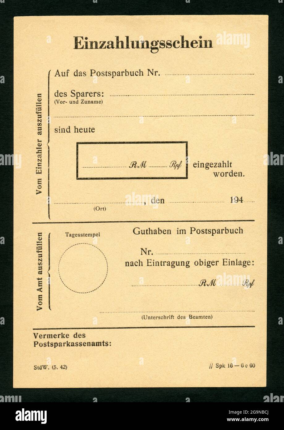 Europe, Germany, German Reichspost, postal savings book, pay-in slip, probably from 1942 , ADDITIONAL-RIGHTS-CLEARANCE-INFO-NOT-AVAILABLE Stock Photo