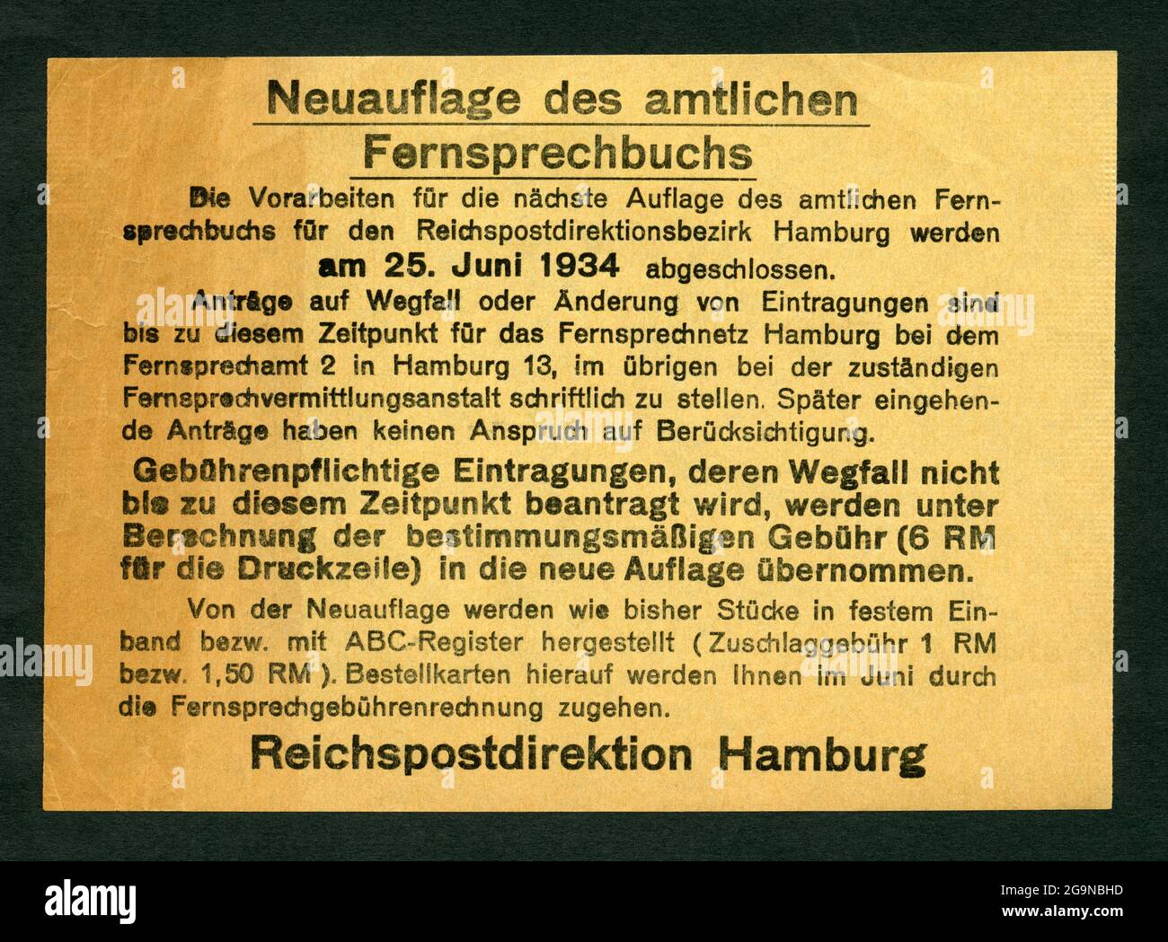 German Reichspost, Reichspostdirektion Hamburg, ADDITIONAL-RIGHTS-CLEARANCE-INFO-NOT-AVAILABLE Stock Photo