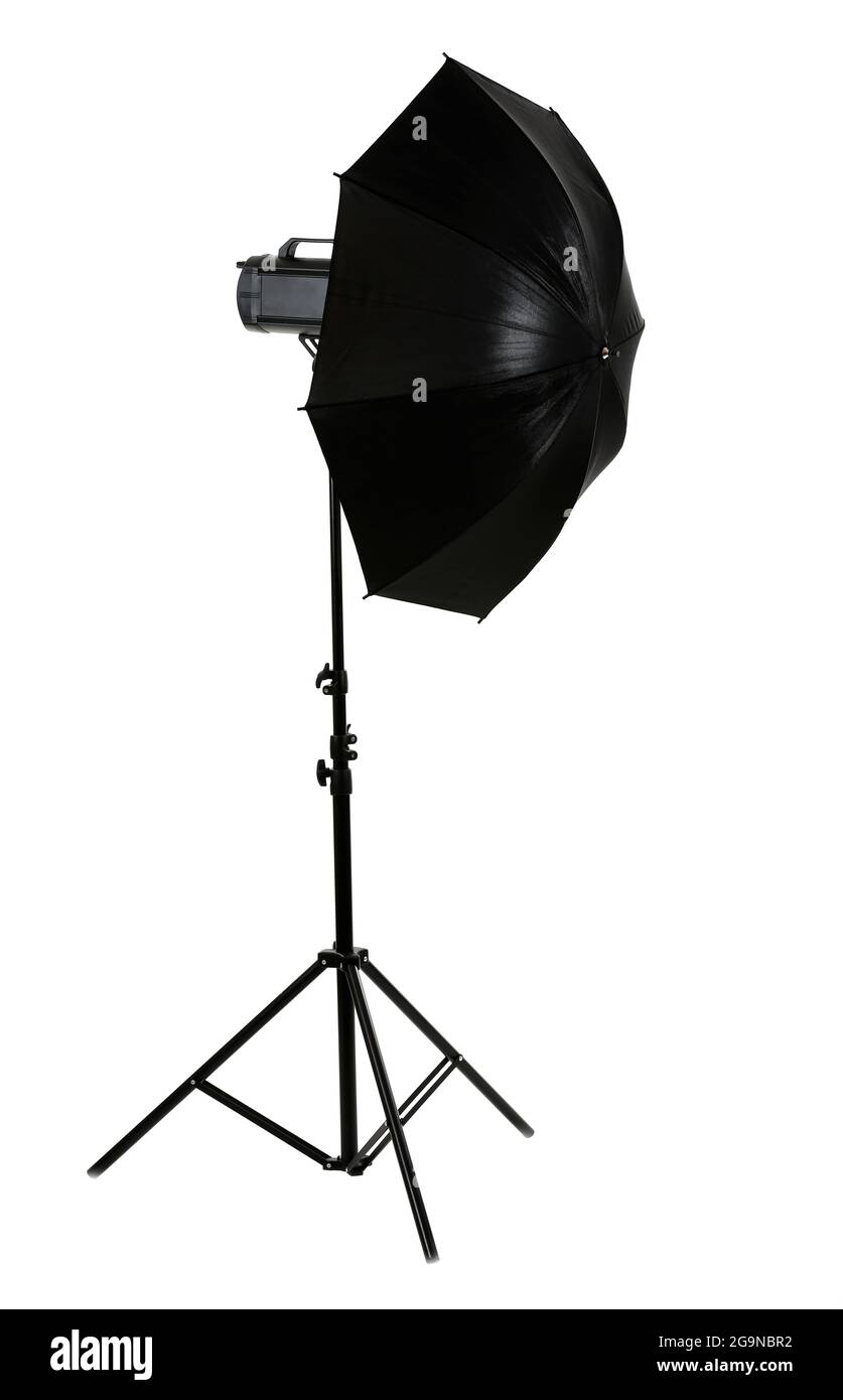 Studio flash with umbrella isolated on white Stock Photo Alamy
