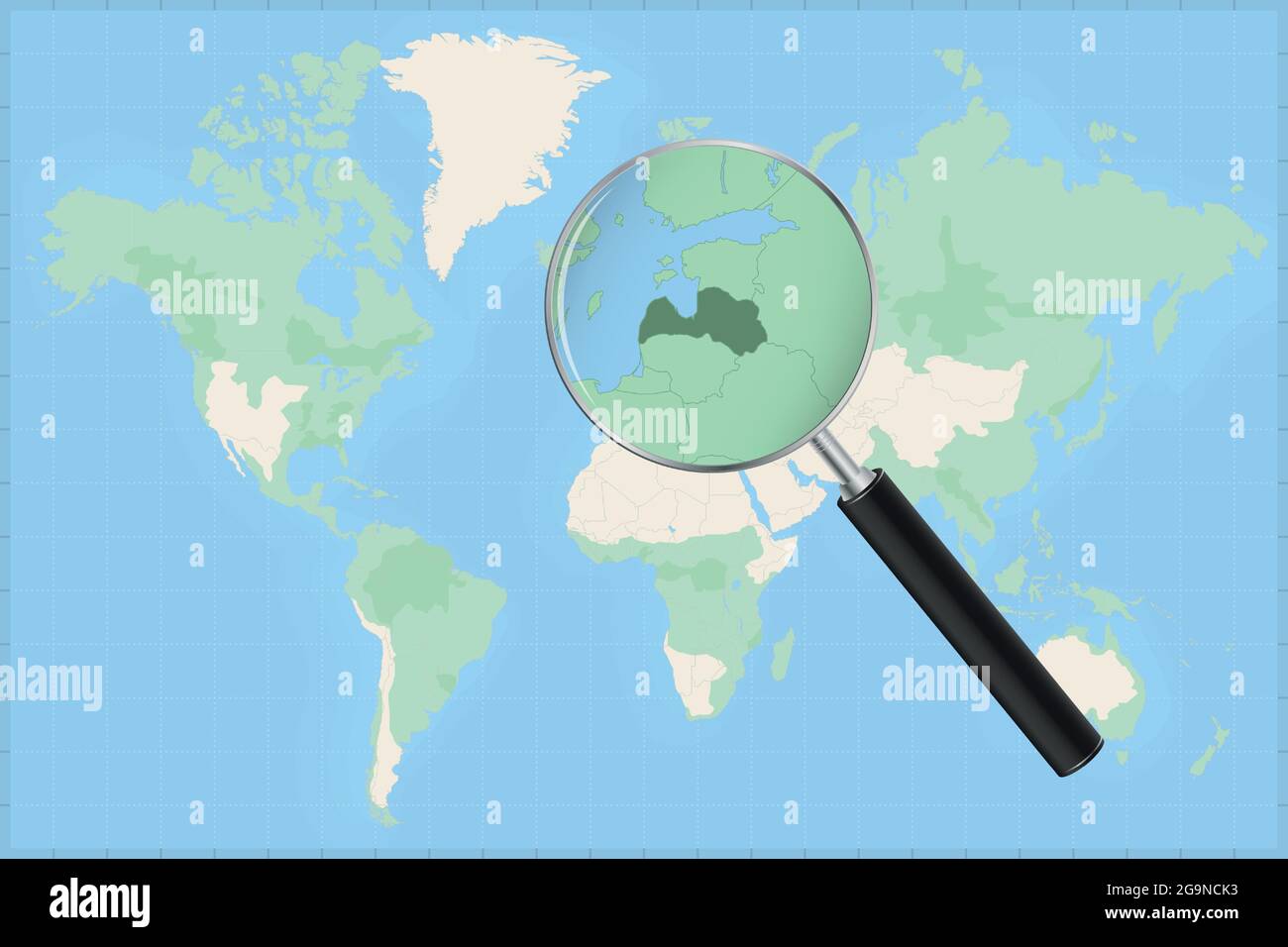 Map of the world with a magnifying glass on a map of Latvia Detailed map of Latvia and neighboring countries in the magnifying glass. Stock Vector