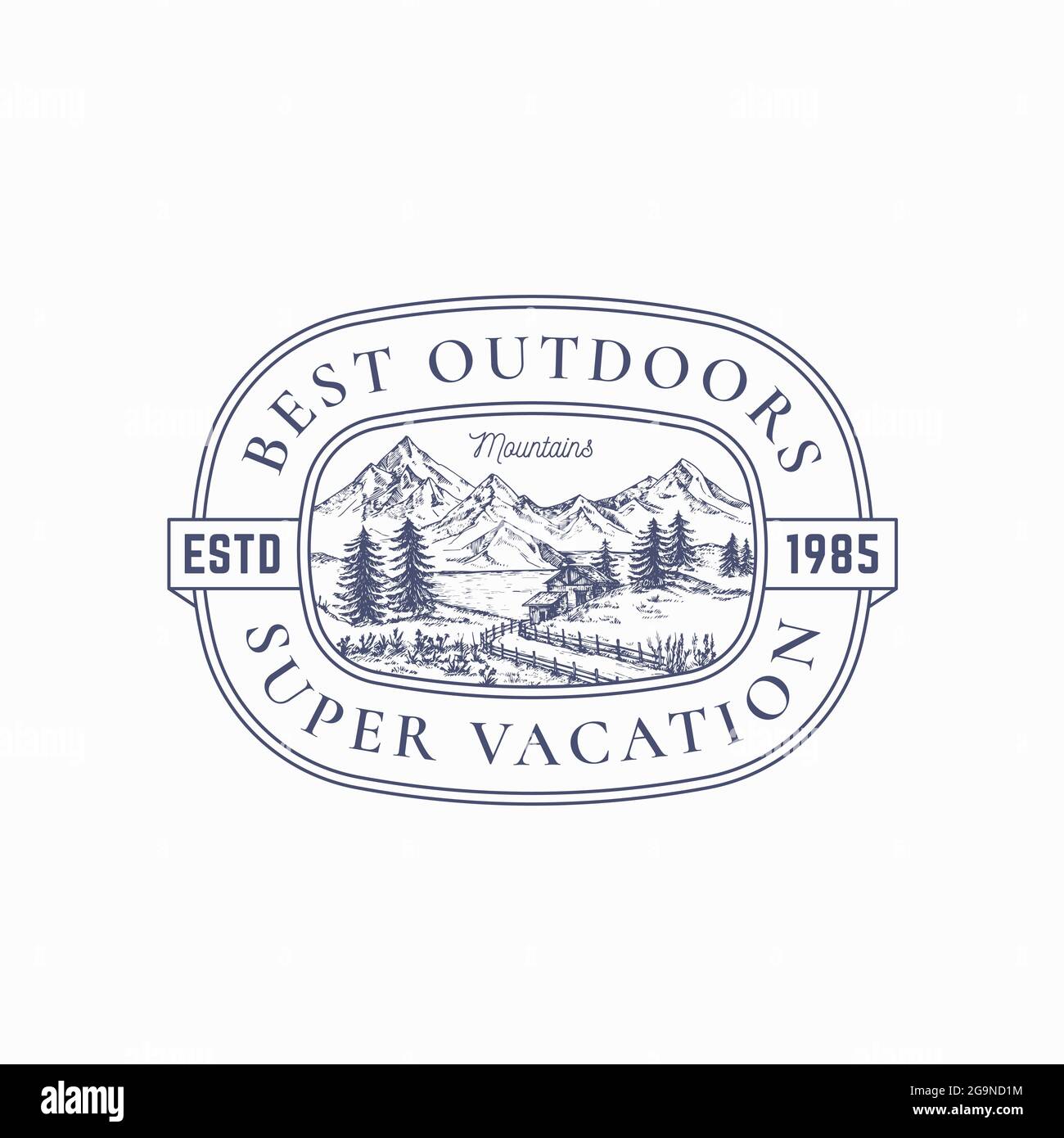 Outdoor Vacation Frame Badge or Logo Template. Hand Drawn Cabin in the Woods and Mountains Landscape Sketch with Retro Typography and Borders. Vintage Stock Vector