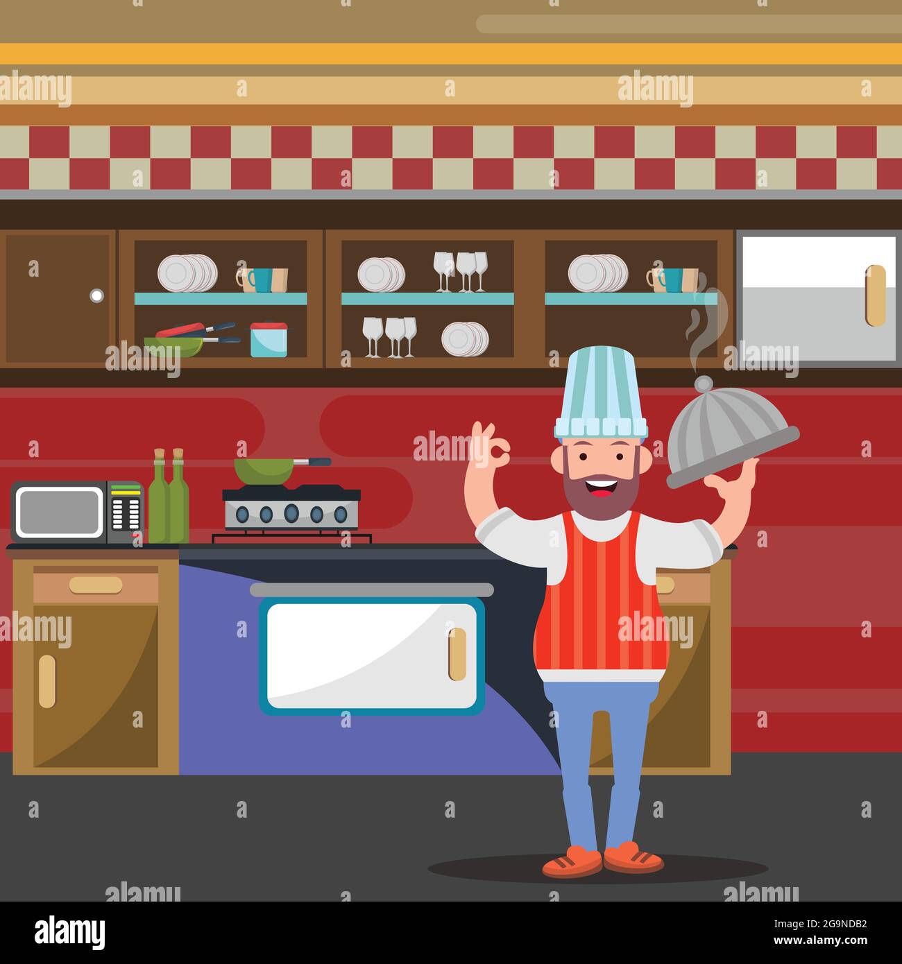 Cartoon design of cook standing happily in the restaurant. Stock Vector