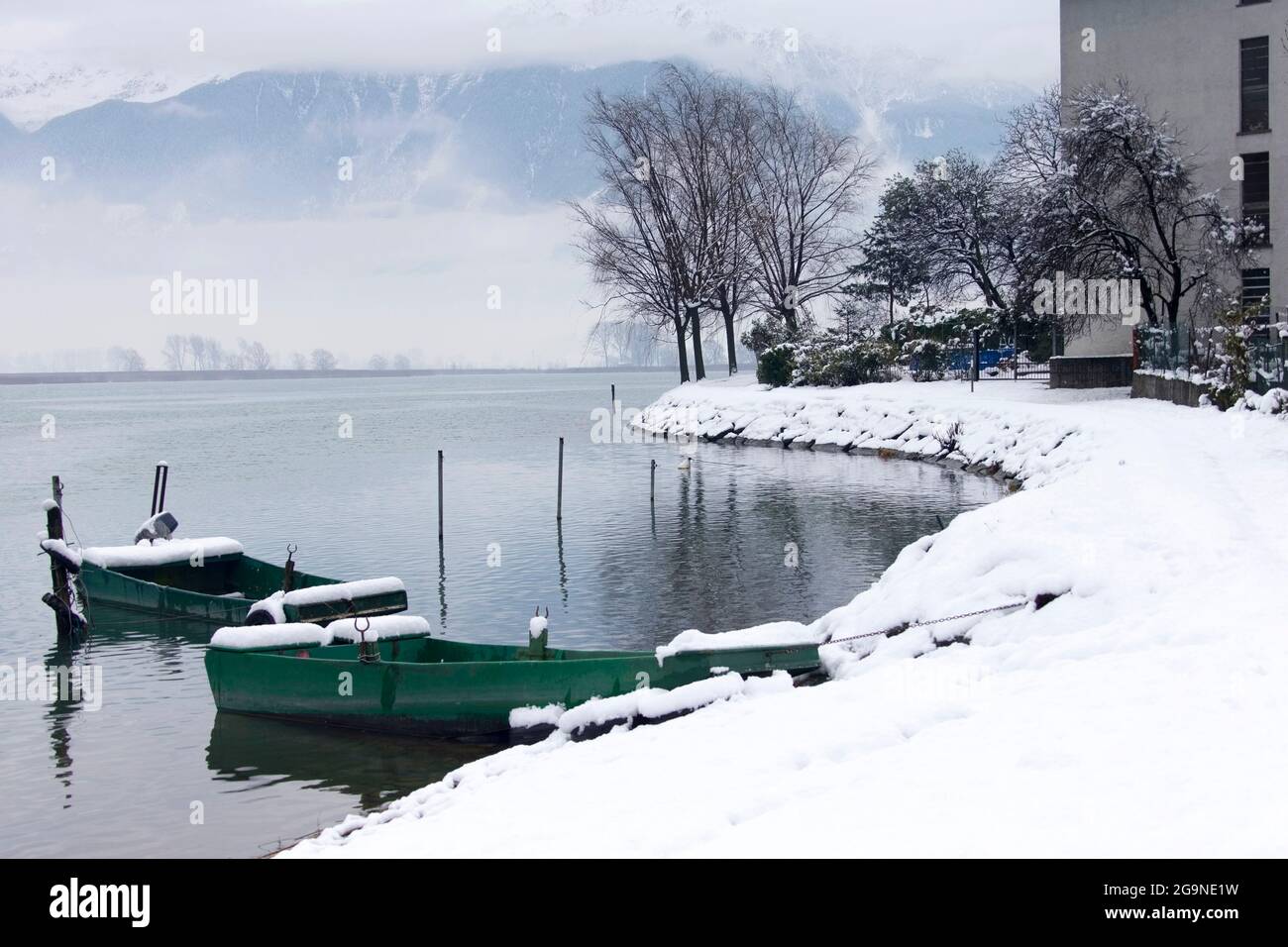 Snowy and winter landscape, Pian di Spagna e Lago di Mezzola lake, Como Lake, Lombardy, Italy, Europe Stock Photo