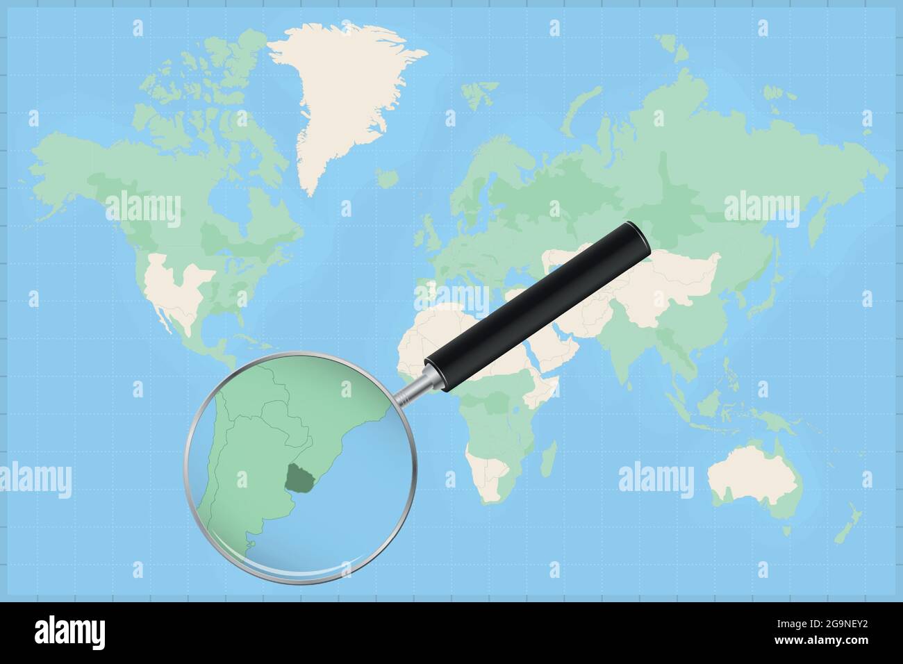 Map of the world with a magnifying glass on a map of Uruguay Detailed map of Uruguay and neighboring countries in the magnifying glass. Stock Vector