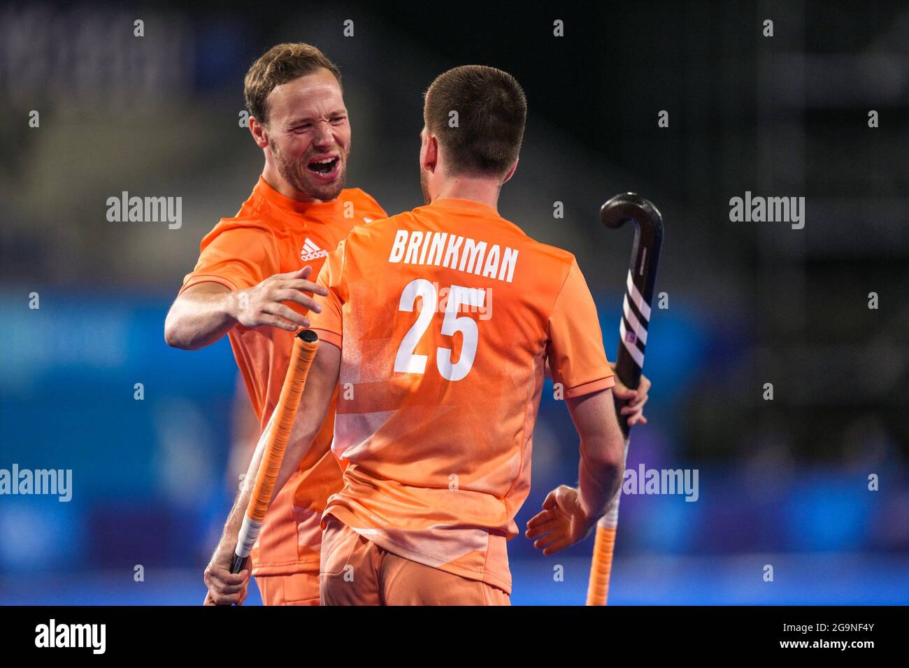 TOKYO, JAPAN - JULY 27: Thierry Brinkman of the Netherlands celebrates after scoring his sides second goal competing on Men's Pool B during the Tokyo 2020 Olympic Games at the Oi Hockey Stadium on July 27, 2021 in Tokyo, Japan (Photo by Yannick Verhoeven/Orange Pictures) NOCNSF Stock Photo