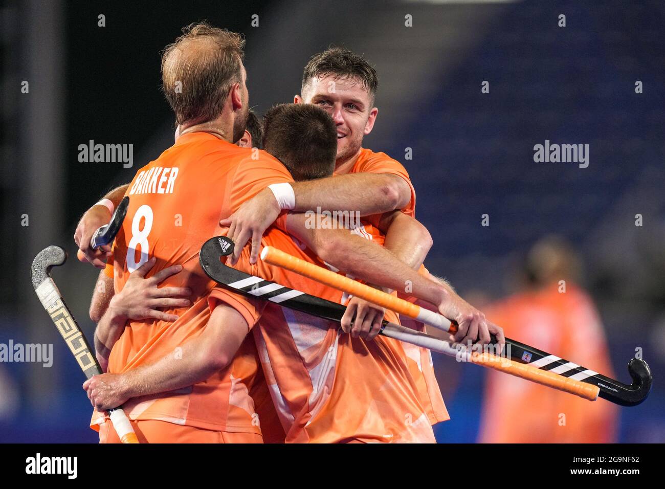 TOKYO, JAPAN - JULY 27: Thierry Brinkman of the Netherlands celebrates after scoring his sides second goal with Billy Bakker of the Netherlands competing on Men's Pool B during the Tokyo 2020 Olympic Games at the Oi Hockey Stadium on July 27, 2021 in Tokyo, Japan (Photo by Yannick Verhoeven/Orange Pictures) NOCNSF Stock Photo