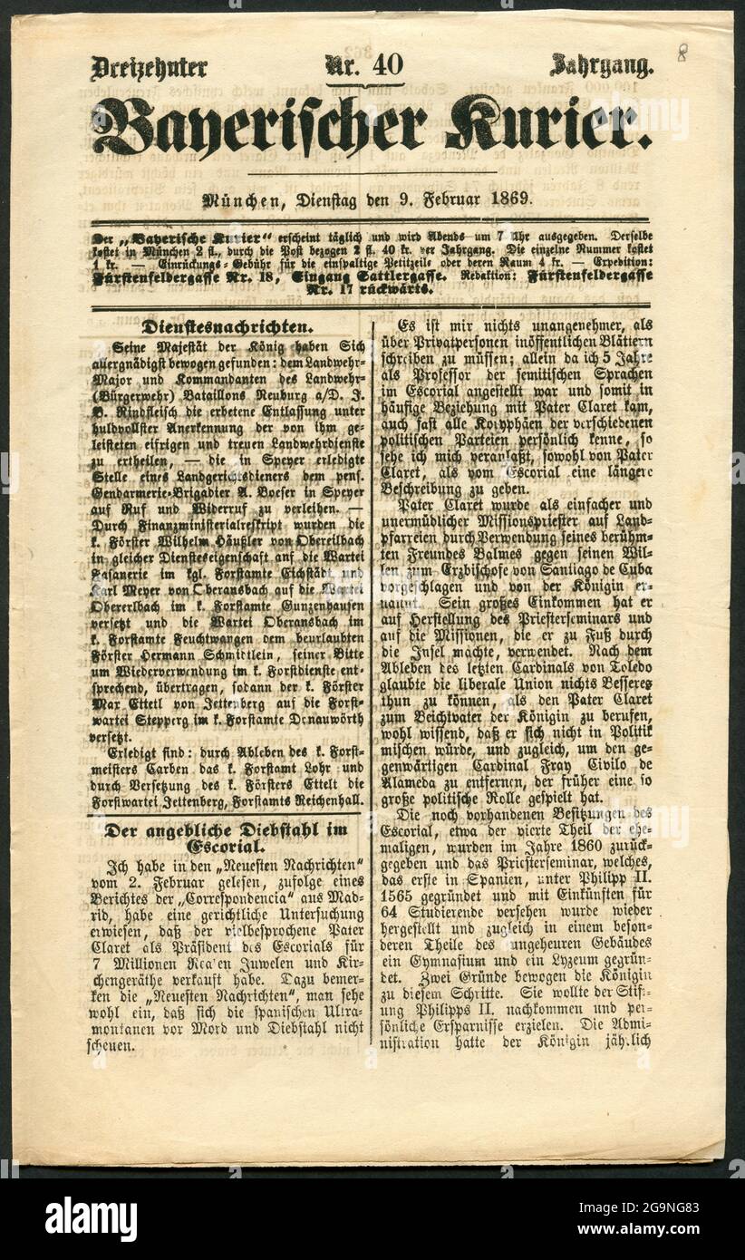 Munich, historical newspaper: 'Bayerischer Kurier', No. 40, published 9.2.1869, ADDITIONAL-RIGHTS-CLEARANCE-INFO-NOT-AVAILABLE Stock Photo