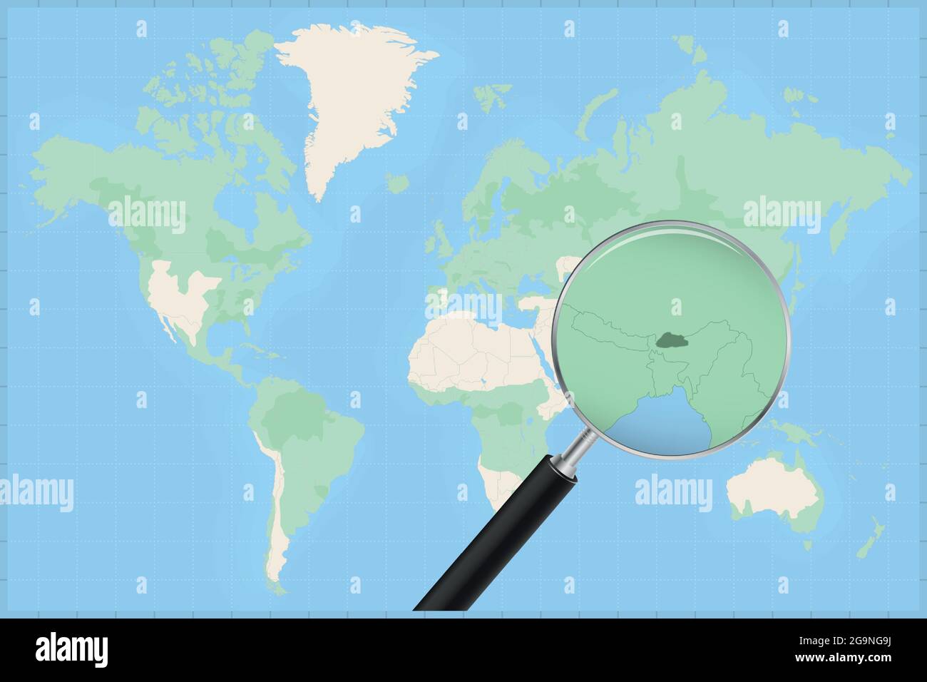 Map of the world with a magnifying glass on a map of Bhutan Detailed map of Bhutan and neighboring countries in the magnifying glass. Stock Vector