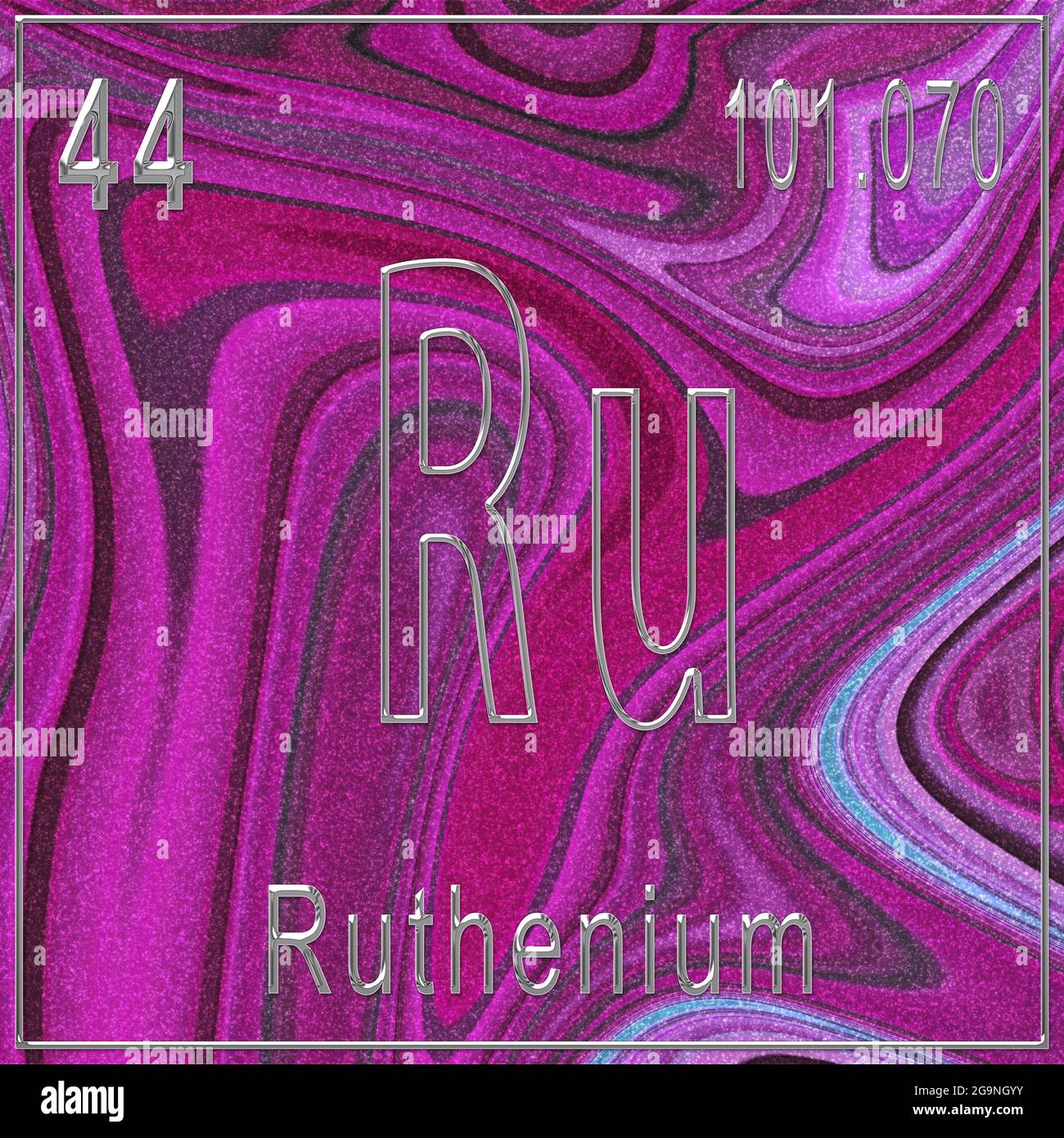 Ruthenium chemical element, Sign with atomic number and atomic weight, Periodic Table Element, Pink background Stock Photo