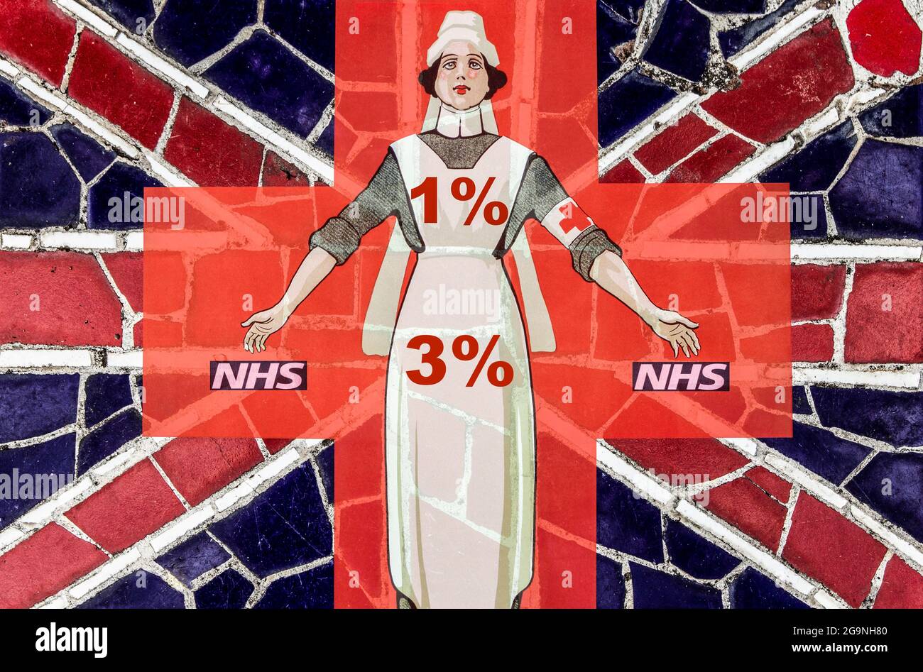 Image of nurse on Red Cross overlayed on UK flag. NHS nurses proposed 1%/3% pay increase, nursing... concept Stock Photo