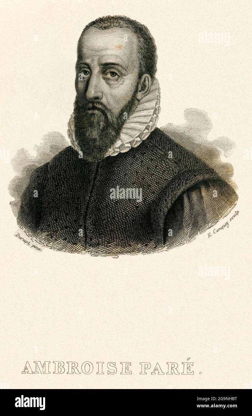 Ambroise Paré or Ambrosius Paraeus, French surgeon, steel engraving by E. Conquy, after Durupt, ARTIST'S COPYRIGHT HAS NOT TO BE CLEARED Stock Photo