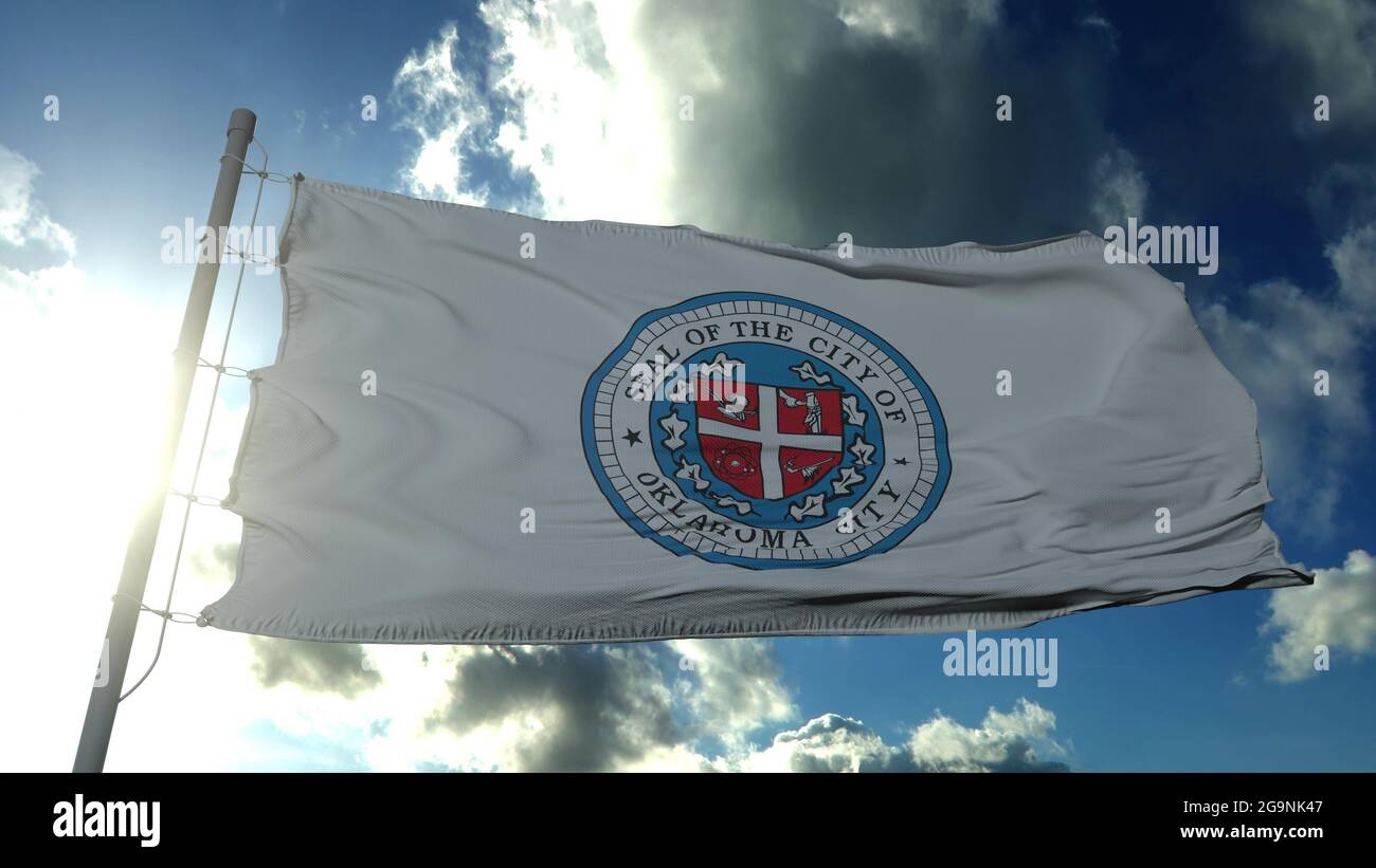 Flag of Oklahoma, city of United States of America, waving at wind in blue sky. 3d rendering Stock Photo