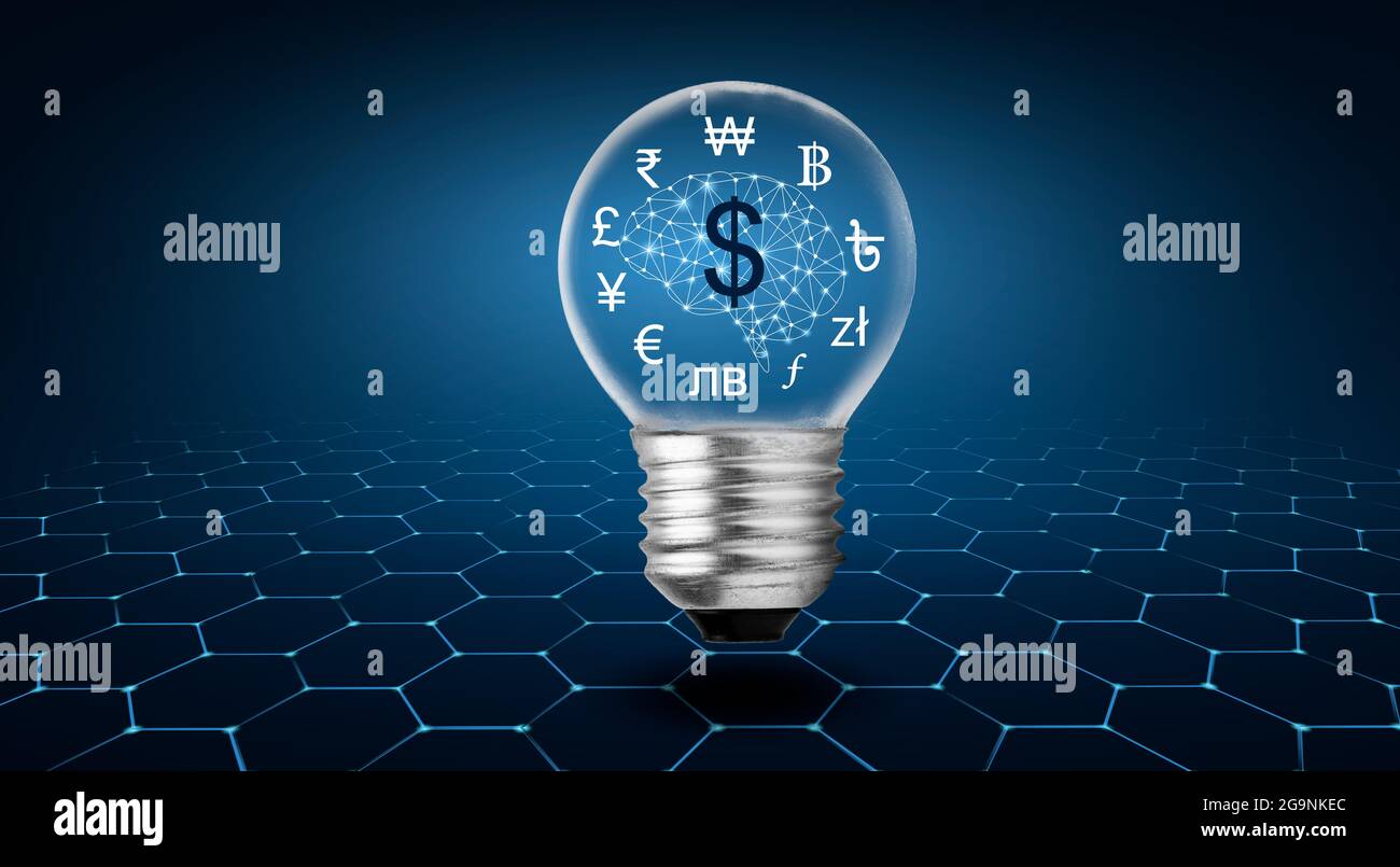 Money making idea dollar symbol a light bulb with a brain inside thinking of earning money Stock Photo