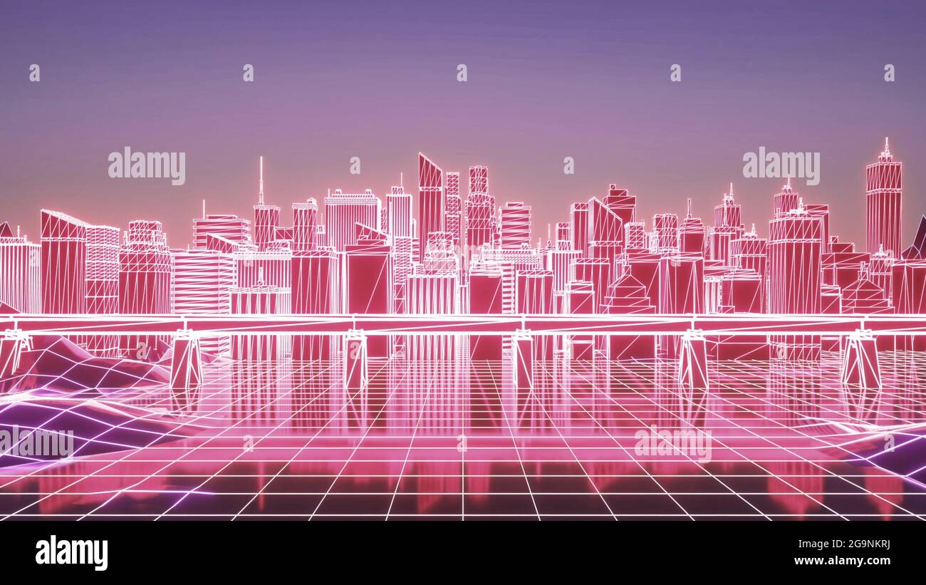 Neon city. Futuristic neon skyscrapers background. Business and technology concept. 3d rendering Stock Photo