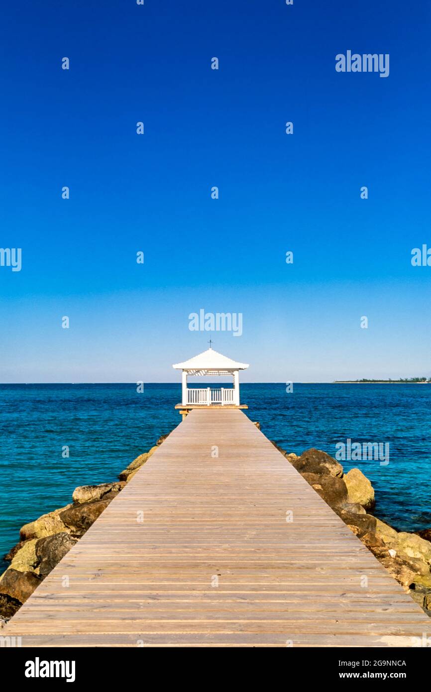 Pavilion and wooden jetty, Nassau, New Providence Island, Bahamas Stock Photo