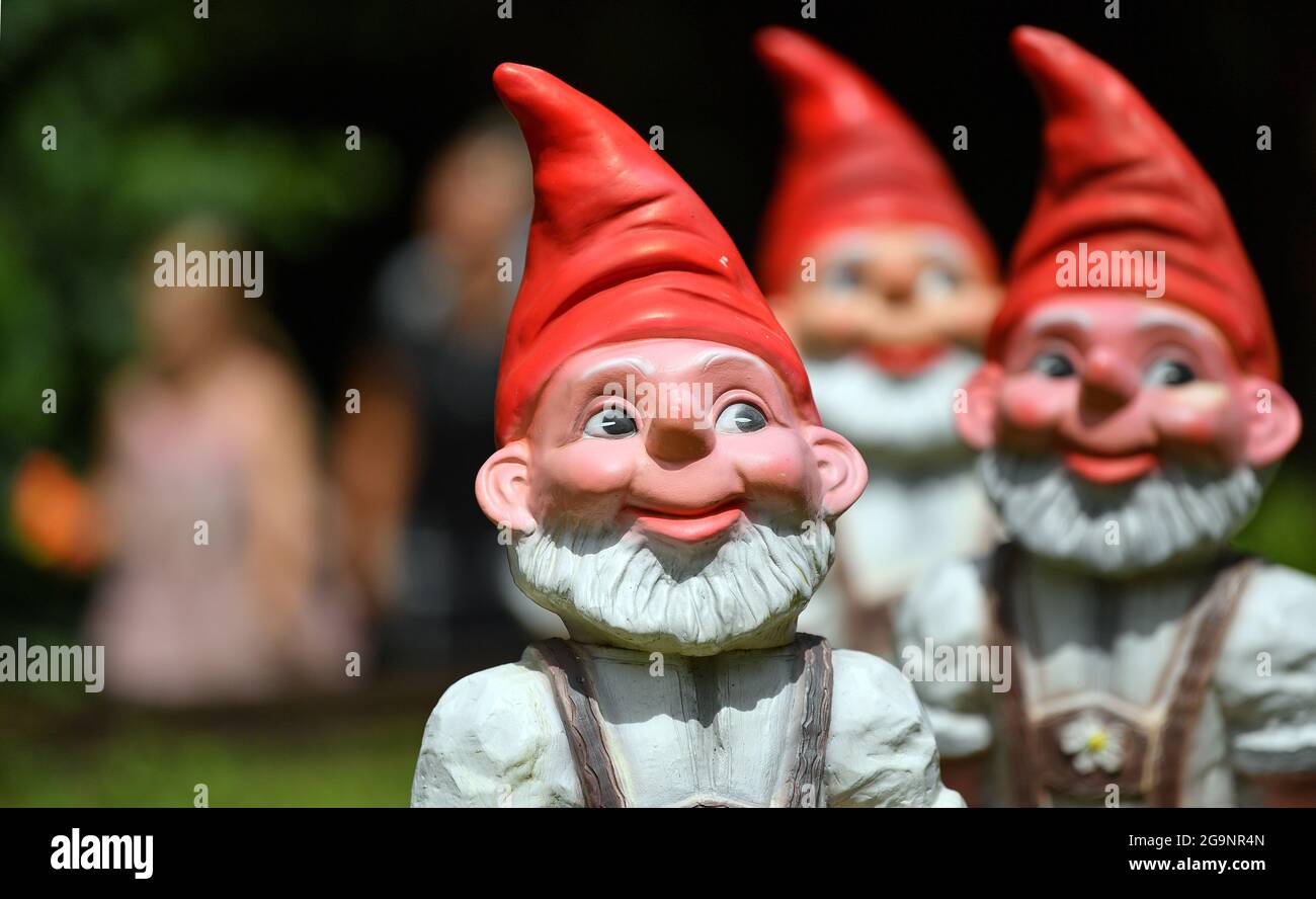 Trusetal, Germany. 27th July, 2021. Visitors tour garden gnomes at the gnome  park. The Dwarf Park celebrates the 25th anniversary of its existence this  year. More than 2,500 garden gnomes in various