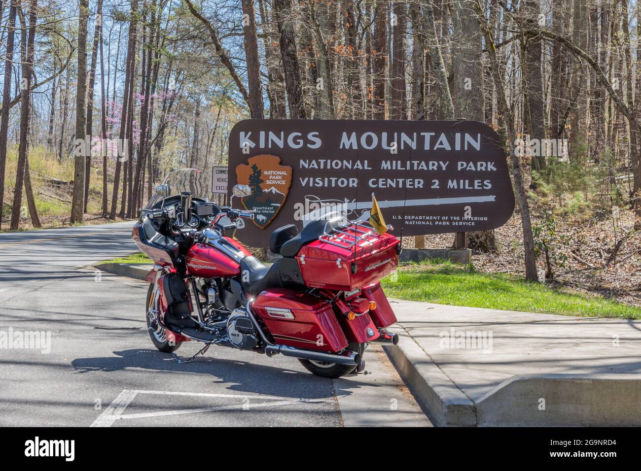 KINGS MTN. NATIONAL MILITARY PARK, BLACKSBURG, SC, USA--APRIL 1 : A Harley-Davidson motorcyle front of the entrance sign to King's Mtn. National Park. Stock Photo