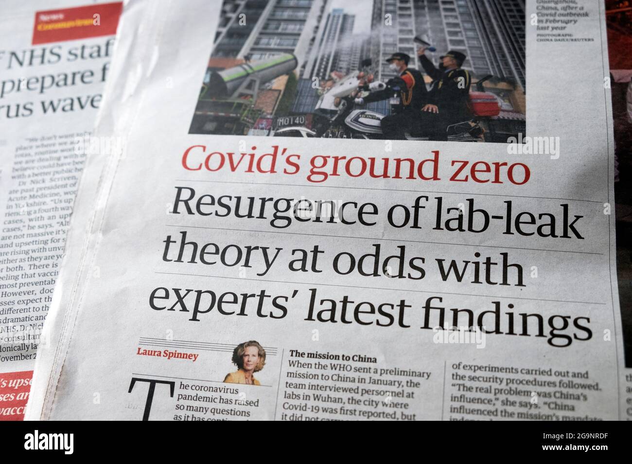 "Covid's ground zero Resurgance of lab-leak theory at odds with experts' latest findings" Guardian newspaper headline article 19 June 2021 London UK Stock Photo