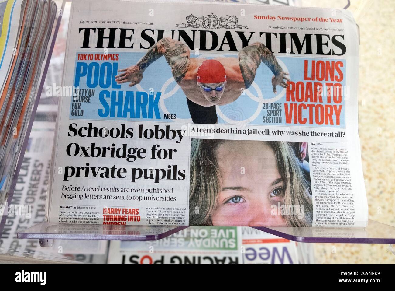 Adam Peaty Tokyo Olympics Sunday Times newspaper headlines front page, Schools lobby Oxbridge for private pupils' 25 July 2021 London UK Stock Photo