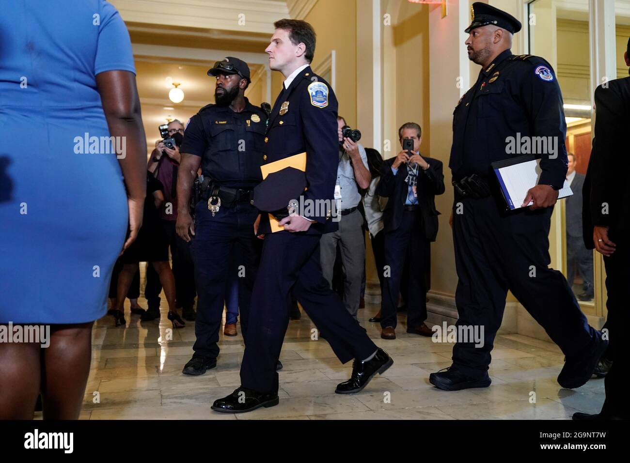 DC Metropolitan police officer Daniel Hodges and Private First Class Harry Dunn of the US Capitol Police arrives before the opening hearing of the House (Select) Committee on the Investigation of the January 6th Attack on the U.S. Capitol, on Capitol Hill in Washington, U.S., July 27, 2021.  REUTERS/Joshua Roberts Stock Photo