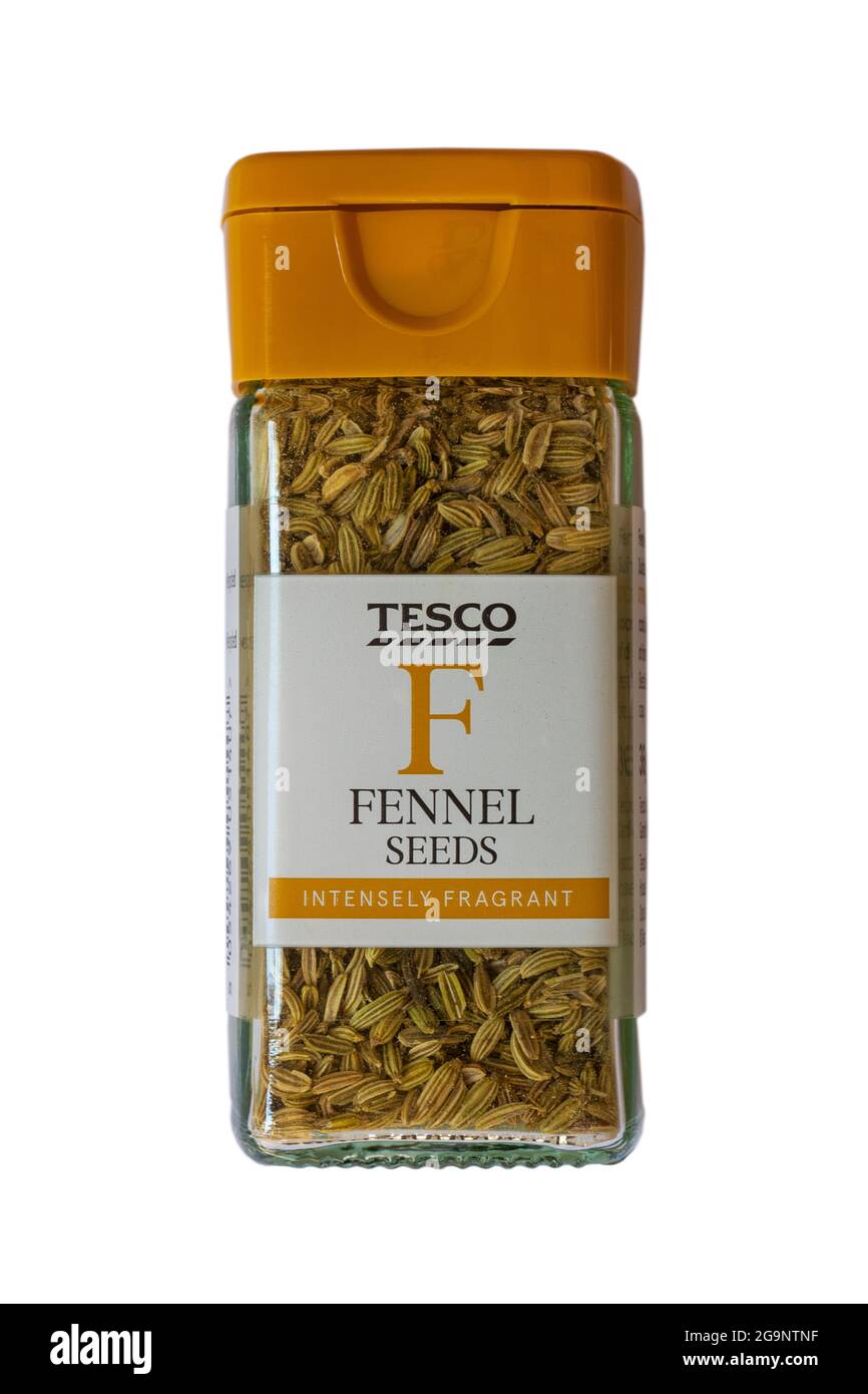 Jar of Tesco Fennel Seeds intensely fragrant isolated on white background Stock Photo