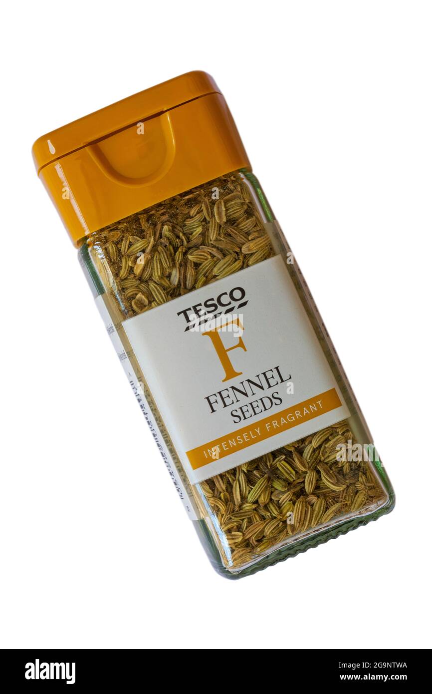 Jar of Tesco Fennel Seeds intensely fragrant isolated on white background Stock Photo