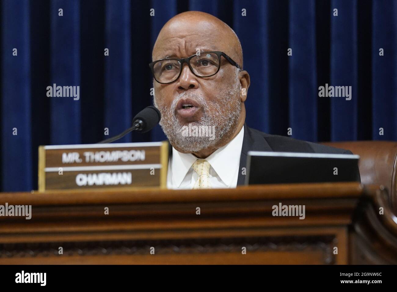 Washington, United States. 27th July, 2021. Chairman Rep. Bennie Thompson, D-Miss., speaks during the House select committee hearing on the Jan. 6 attack on the U.S. Capitol at the Canon House Office Building in Washington, DC on Tuesday, on July 27, 2021. About 140 police officers were injured when they were trampled by the former President Donald Trump supporters aiming to overthrow the 2020 presidential election. Five people died. Pool Photo by Andrew Harnik/UPI Credit: UPI/Alamy Live News Stock Photo