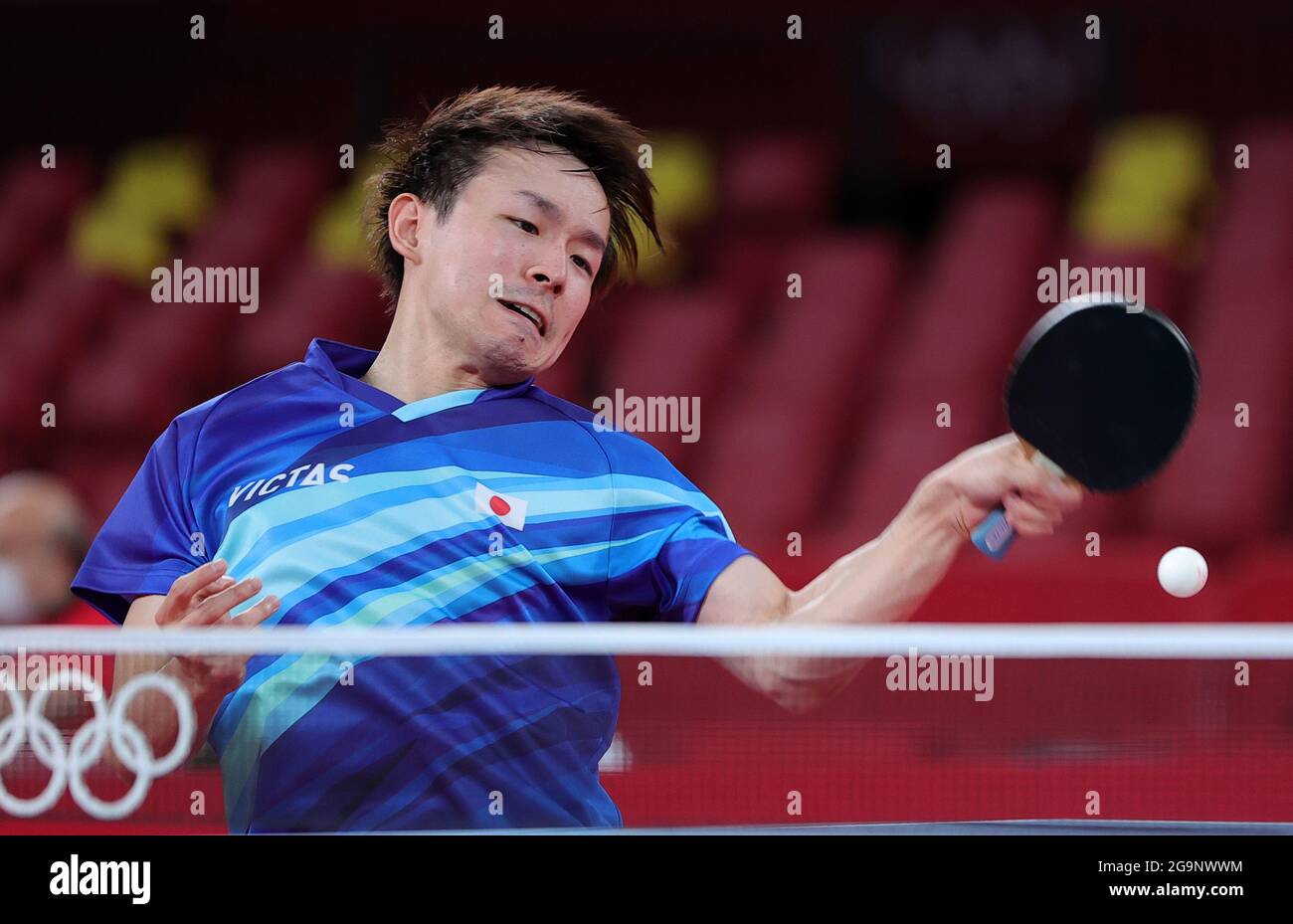 Tokyo, Japan. 27th July, 2021. Koki Niwa of Japan competes during the table tennis men's singles round of 16 match against Dimitrij Ovtcharov of Germany at the Tokyo 2020 Olympic Games in Tokyo, Japan, July 27, 2021. Credit: Wang Dongzhen/Xinhua/Alamy Live News Stock Photo
