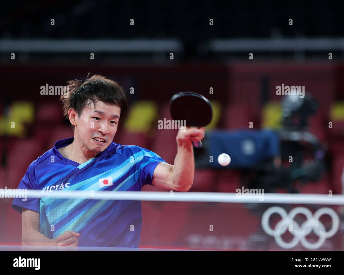 Tokyo, Japan. 27th July, 2021. Koki Niwa of Japan competes during the table tennis men's singles round of 16 match against Dimitrij Ovtcharov of Germany at the Tokyo 2020 Olympic Games in Tokyo, Japan, July 27, 2021. Credit: Wang Dongzhen/Xinhua/Alamy Live News Stock Photo