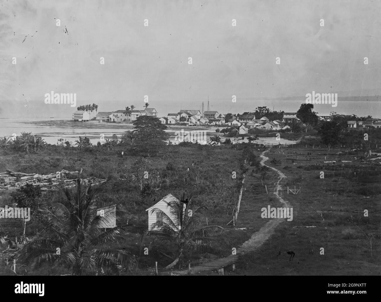 PUERTO LIMON, COSTA RICA - circa 1880-1900 - A general view of the port town of Puerto Limon, Costa Rica circa 1880-1900. Much of the surrounding area Stock Photo