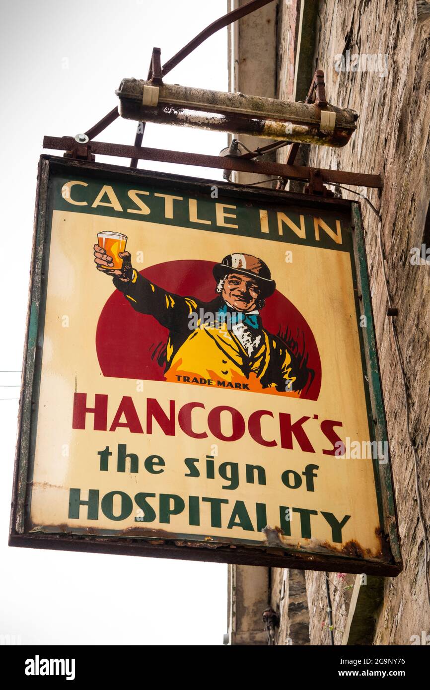 UK, Wales, Ceredigion, Cardigan, old Hancocks Brewery sign on now closed Bridge Inn Stock Photo