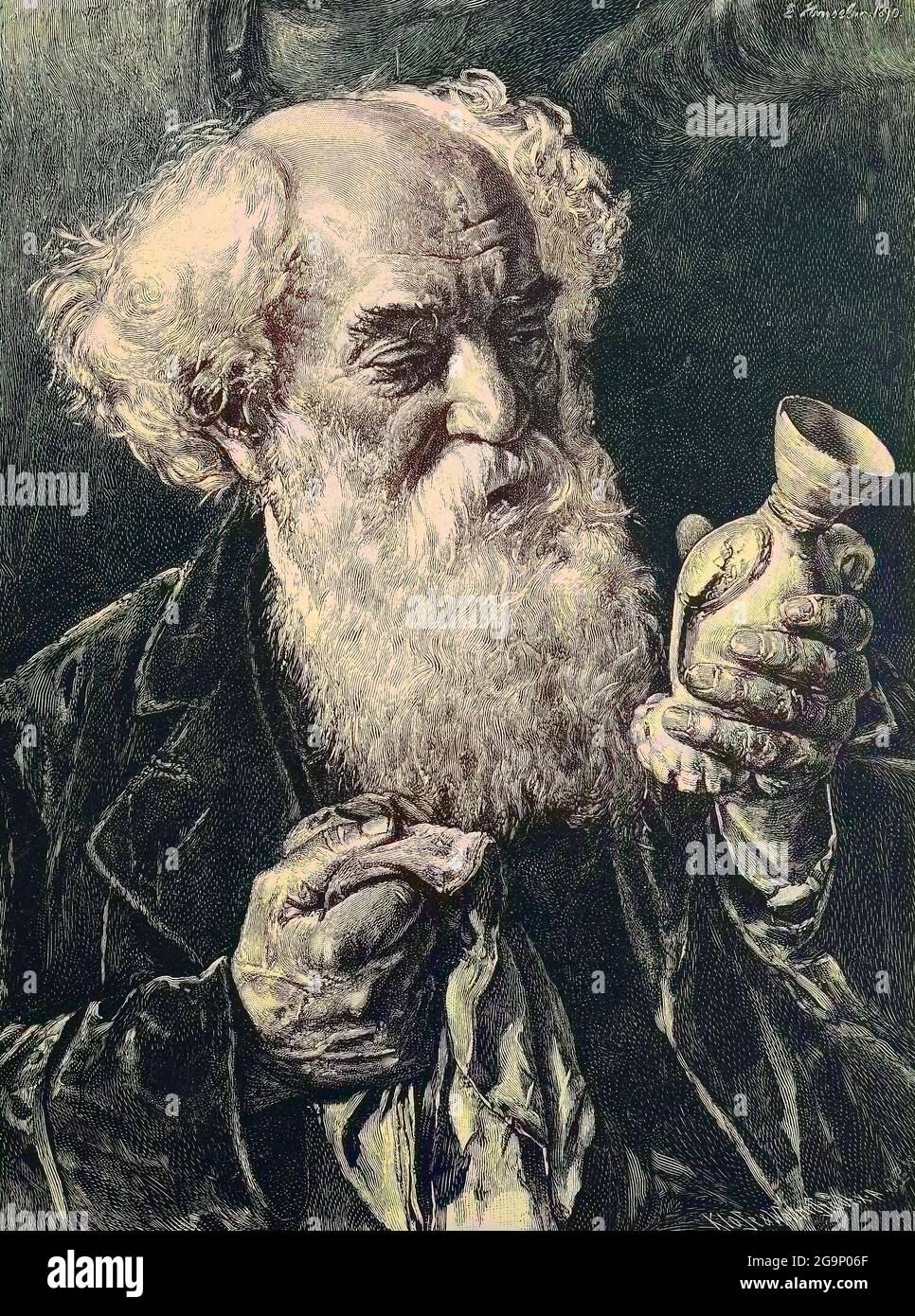 Der Sammler, alter Mann mit Vollbart putzt eine Porzellanvase aus seiner Sammlung, Historisch, historical, digital improved reproduction of an original from the 19th century, coloriert  / digitale Reproduktion einer Originalvorlage aus dem 19. Jahrhundert, colored, Originaldatum nicht bekannt Stock Photo