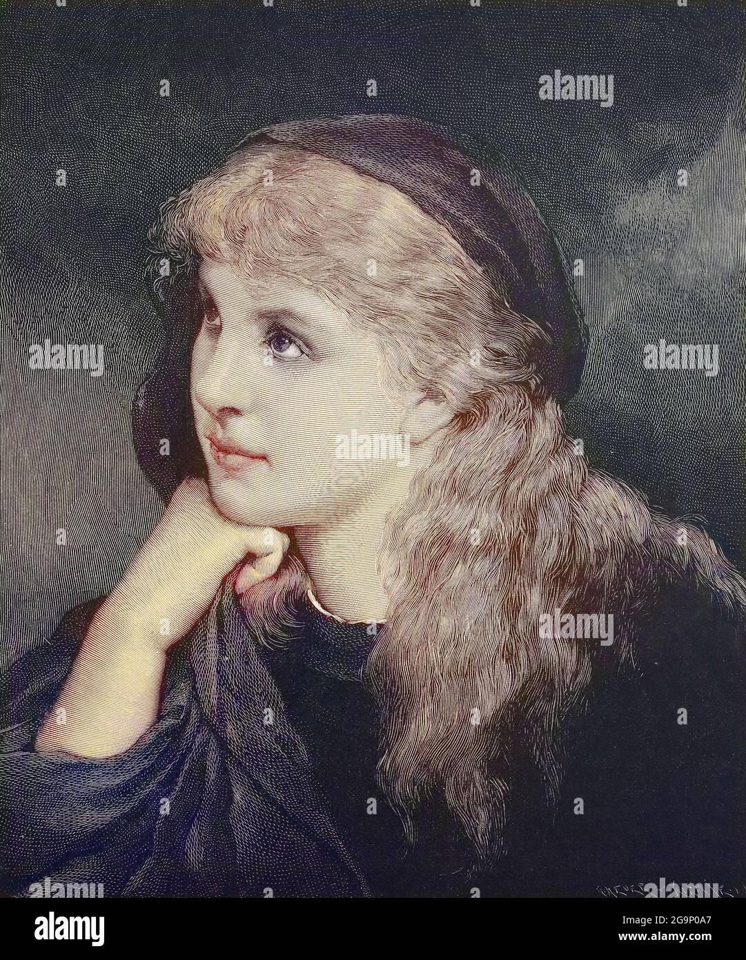 Mignon, nach einem Gemälde von Gabriel Max, Mädchen mit langen blonden Haaren, Porträt mit aufgestütztem Kinn, Historisch, historical, digital improved reproduction of an original from the 19th century, coloriert  / digitale Reproduktion einer Originalvorlage aus dem 19. Jahrhundert, colored, Originaldatum nicht bekannt Stock Photo